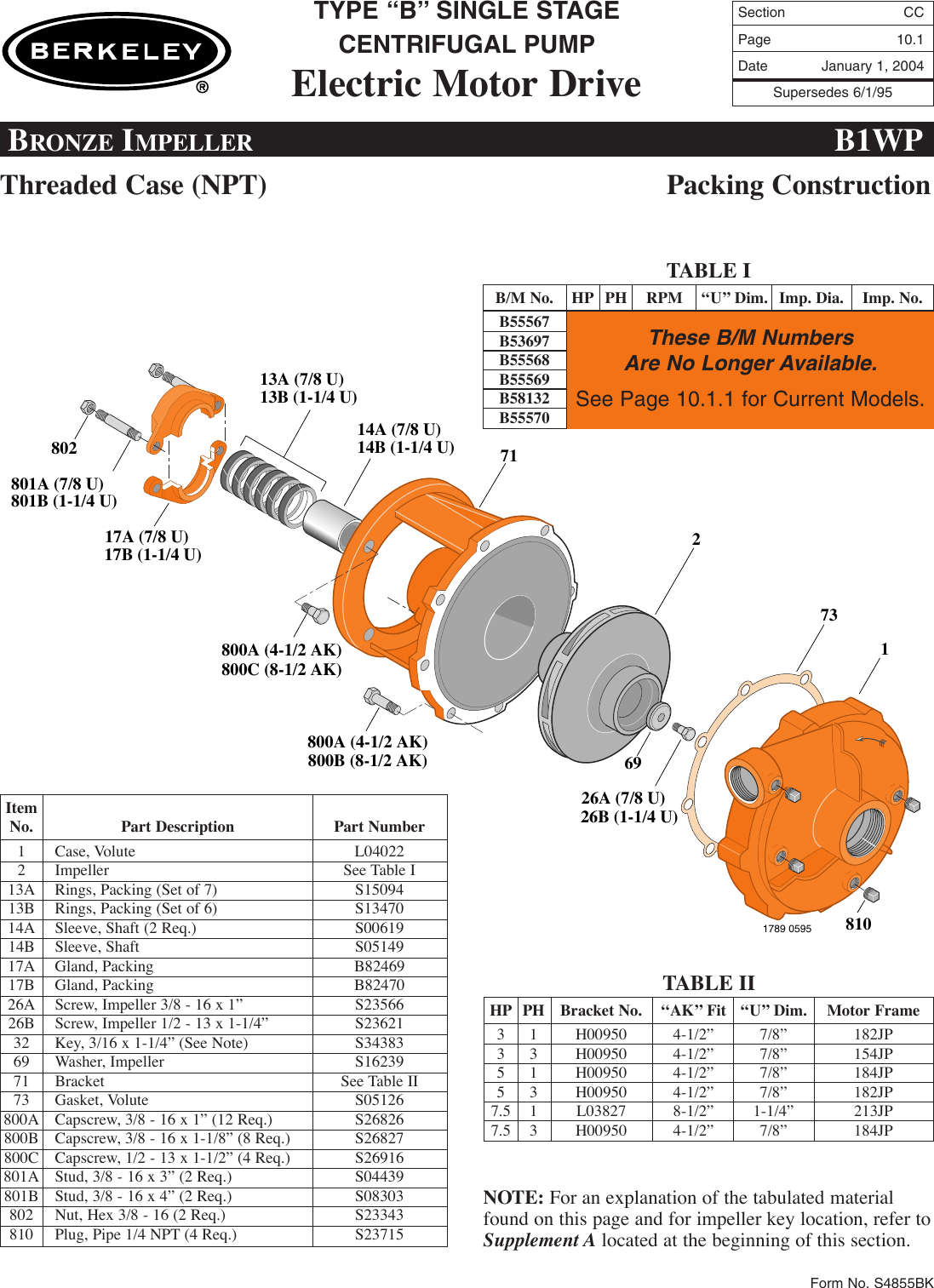 FM Section 548307 1 Berkeley Type B Centrifugal Pump Replacement Parts List