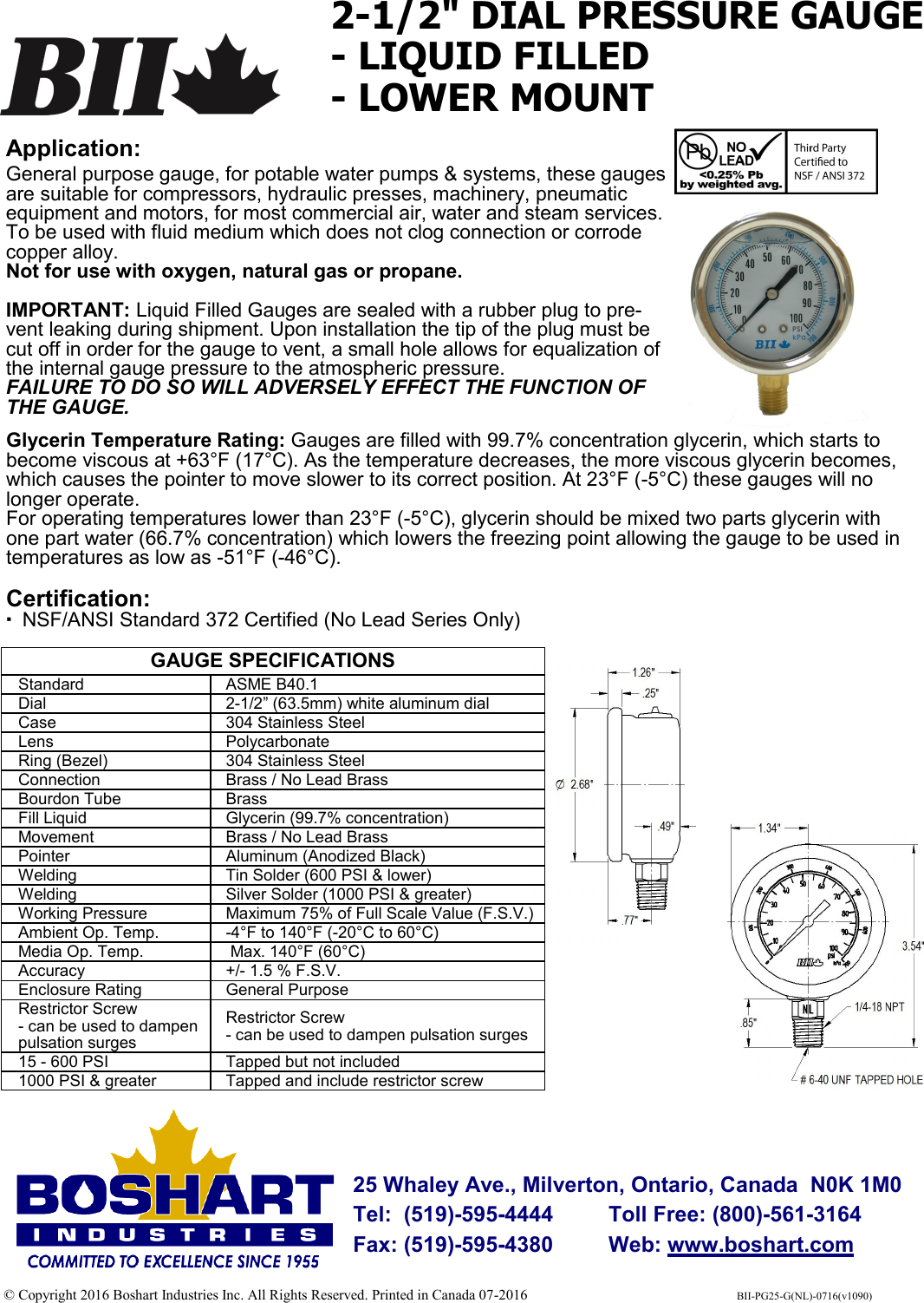 pressure gauge specification
