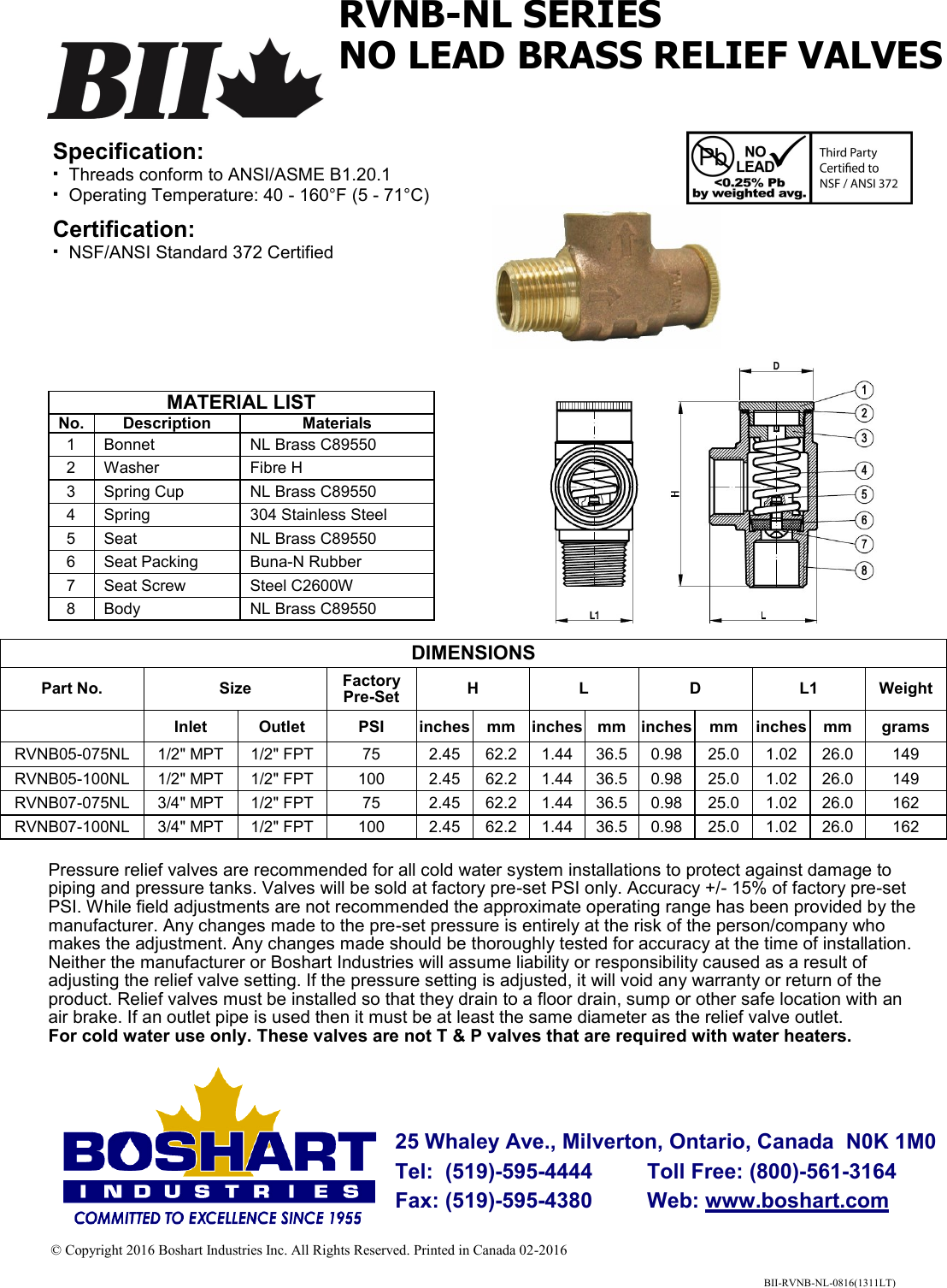 Page 1 of 1 - 548348 3 Boshart RVNB05-100NL Relief Valve Specifications