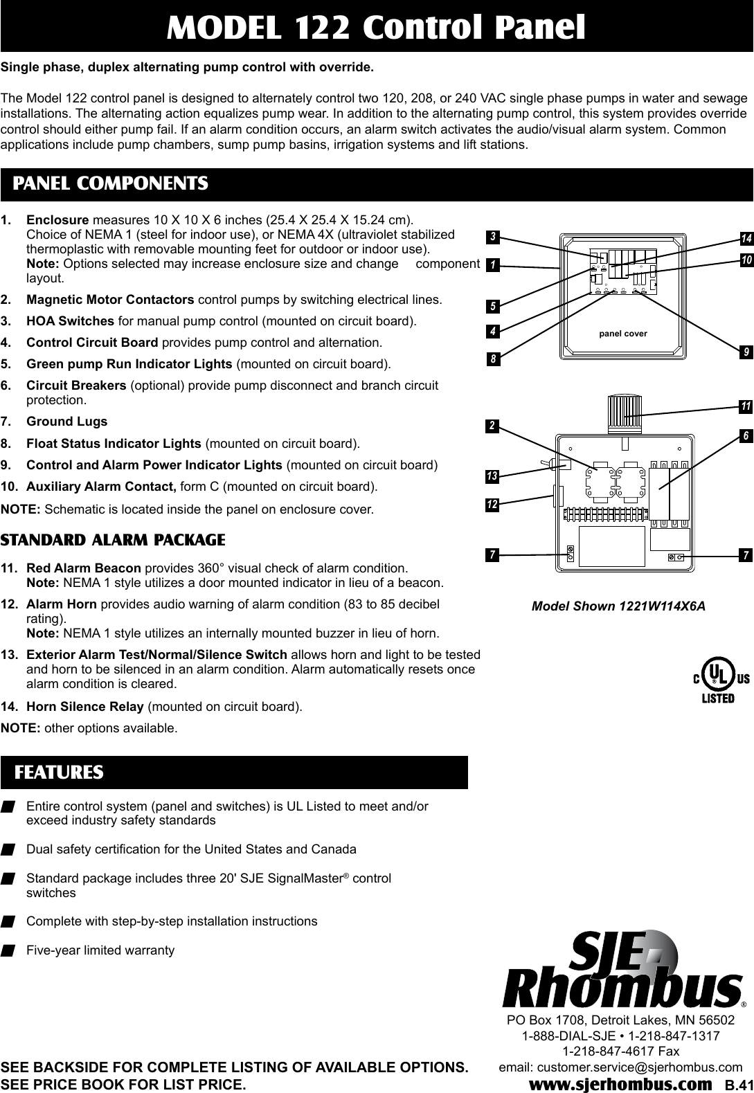 Page 1 of 2 - 548368 2 SJE Rhombus  122 Control Panel Specifications