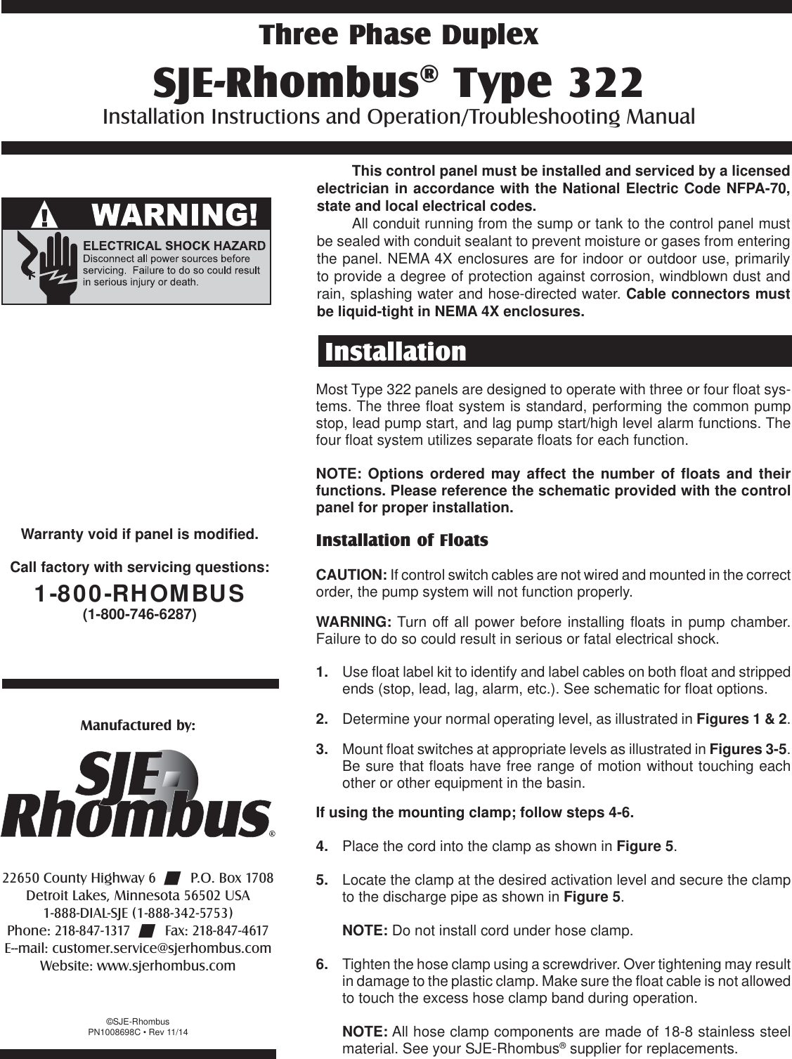 Page 1 of 4 - 1008698C-3228.5x11 548373 1 SJE Rhombus 322 Control Panel Installation Manual