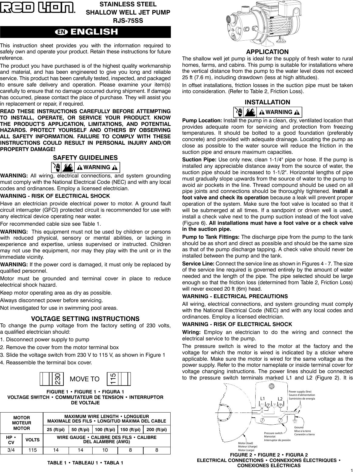 Page 1 of 12 - 548451 3 Red Lion Stainless Steel Shallow Well Jet Pump Installation Instructions