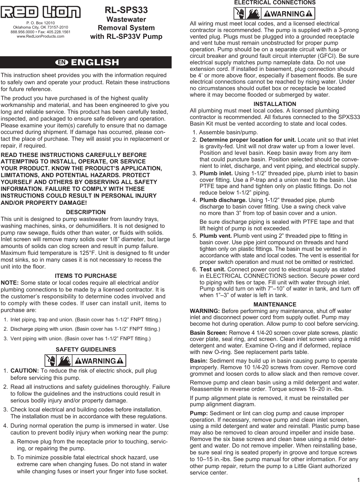 Page 1 of 4 - 548486 2 Red Lion Under-Sink Sump Package Installation Instructions