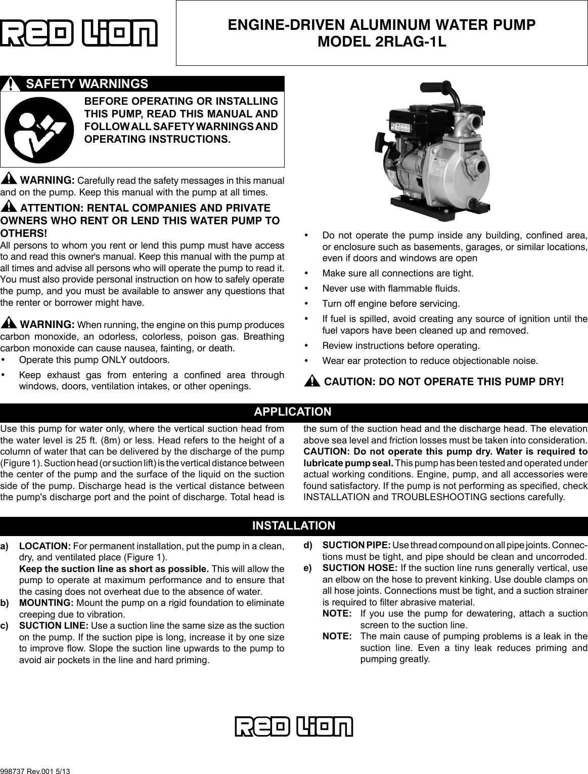 548508 2 Red Lion Aluminum Water Transfer Pump Installation Instructions