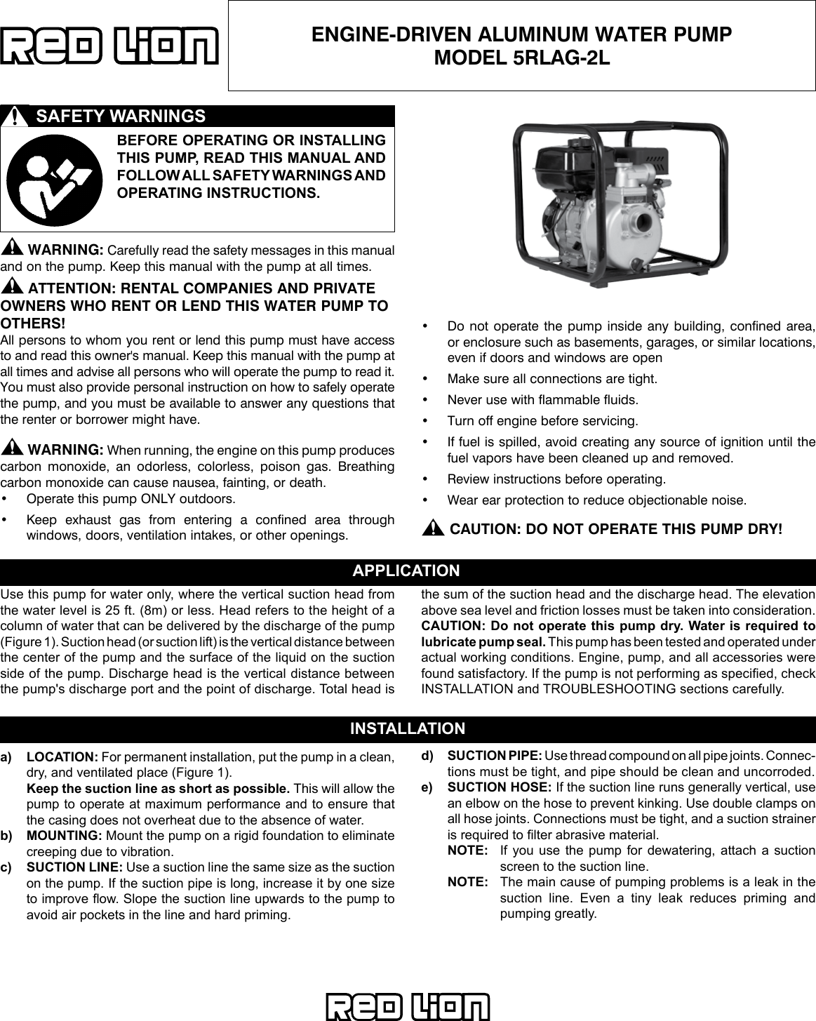 Page 1 of 12 - 548520 1 Red Lion Engine-Driven Aluminum Water Pump 5RLAG-2L Installation Instructions