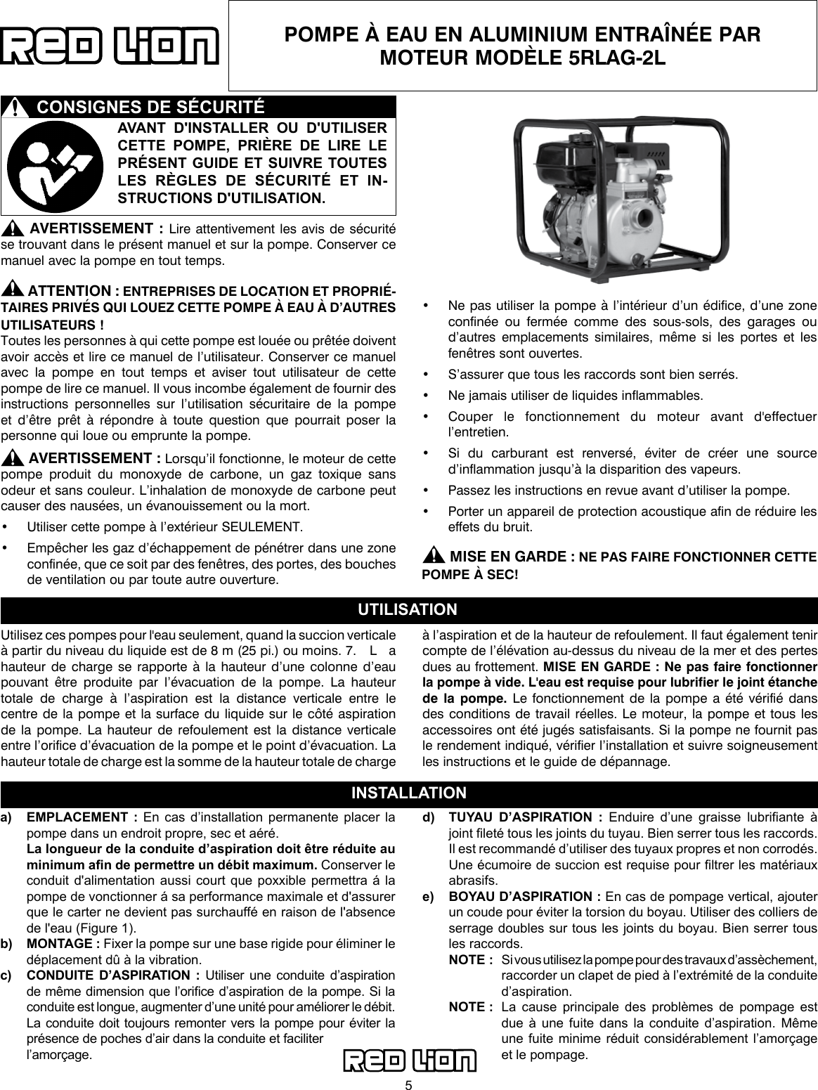 Page 5 of 12 - 548520 1 Red Lion Engine-Driven Aluminum Water Pump 5RLAG-2L Installation Instructions