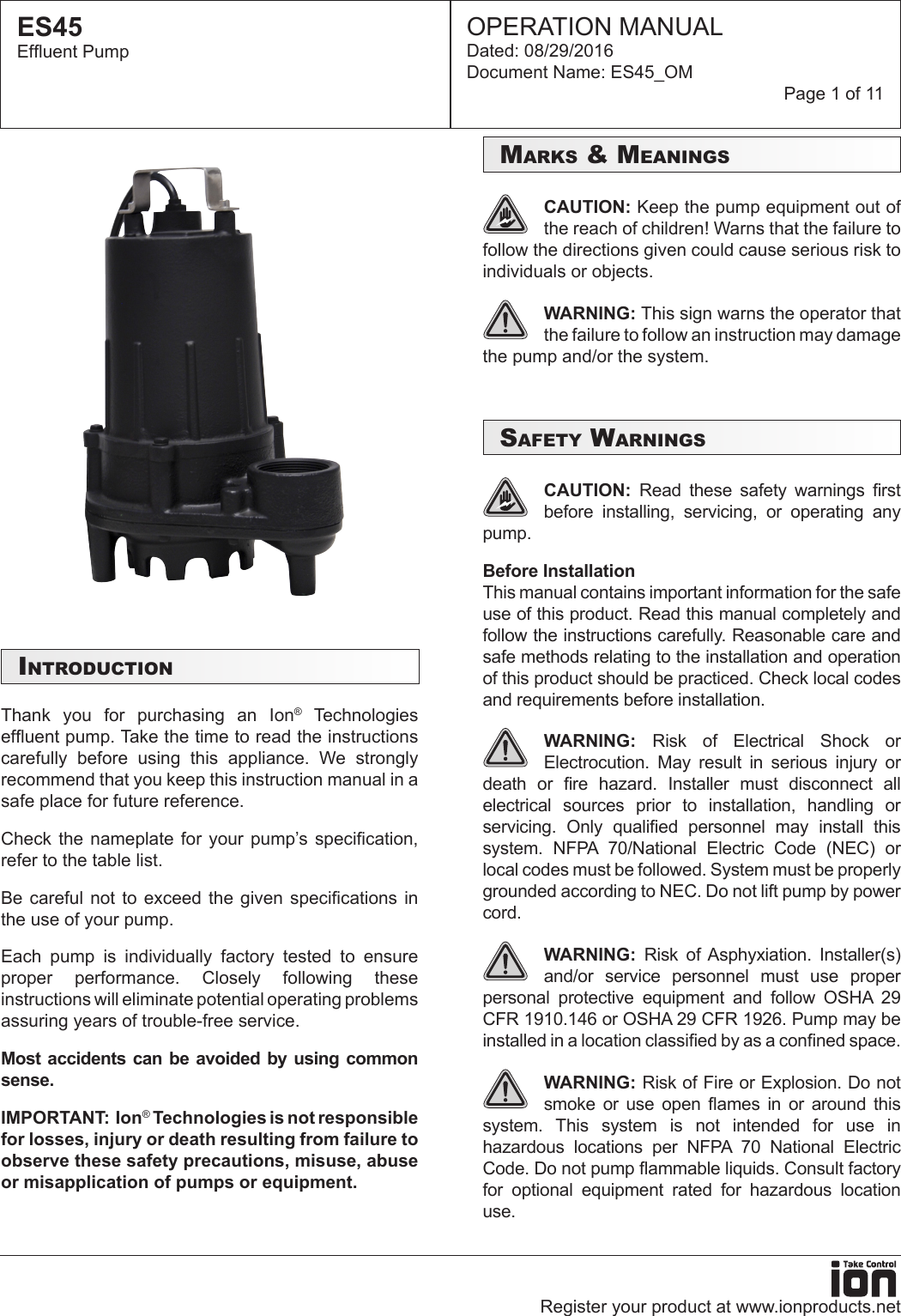 Page 1 of 11 - 549509 2 Ion ES45 Effluent Pump Operations Manual