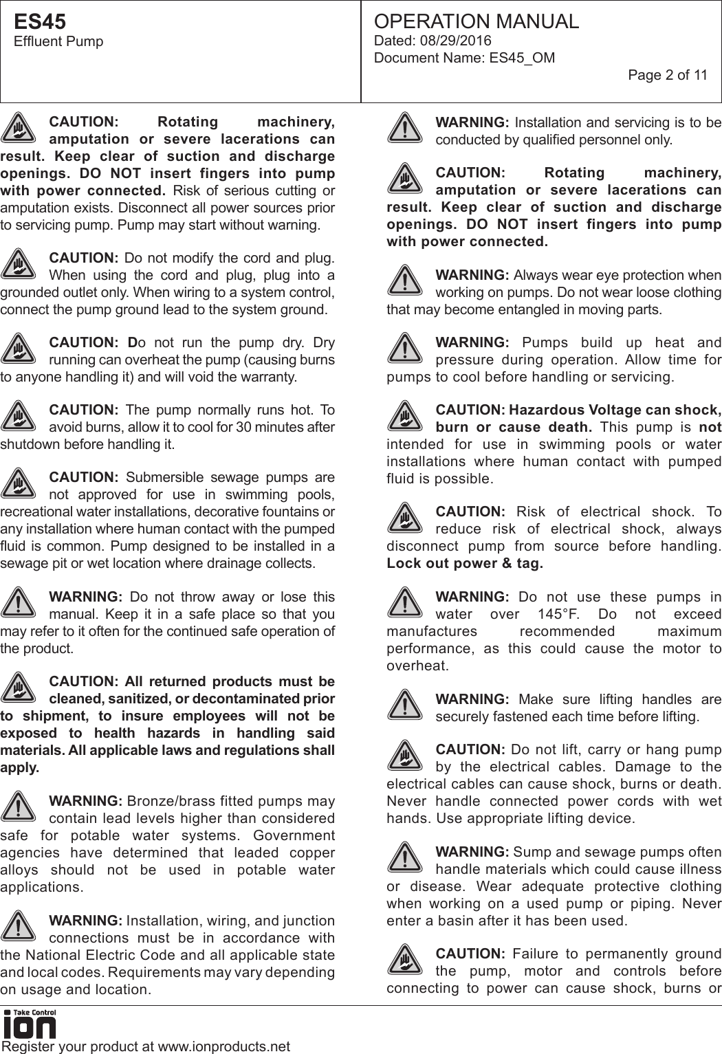 Page 2 of 11 - 549509 2 Ion ES45 Effluent Pump Operations Manual