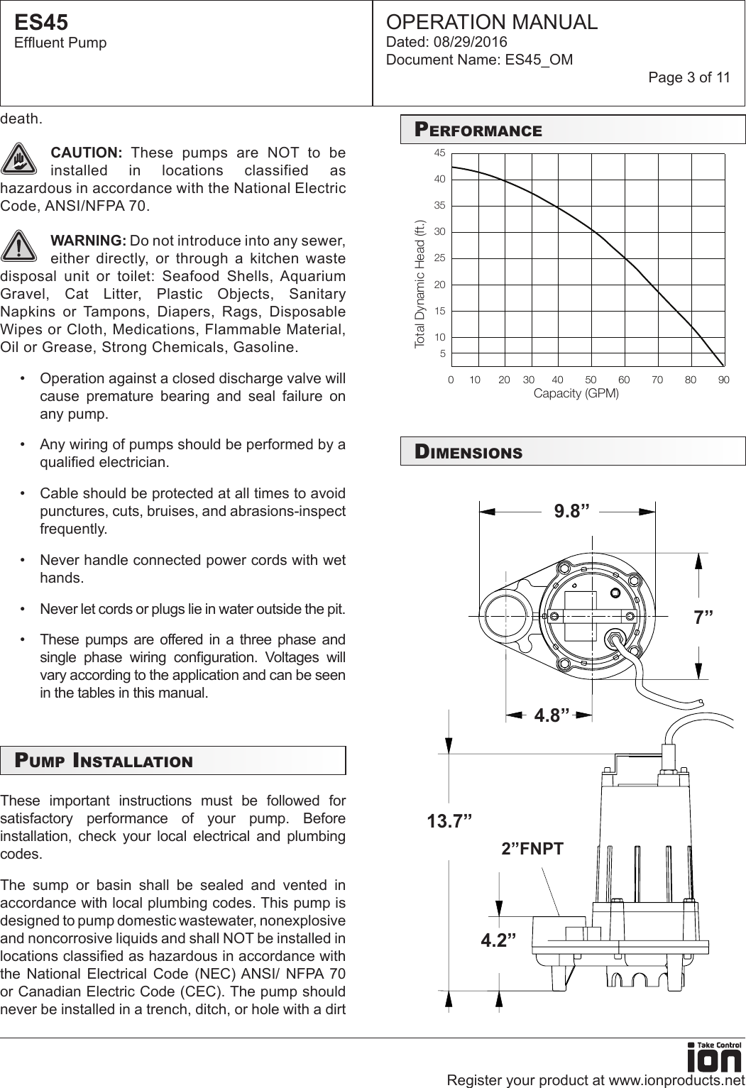 Page 3 of 11 - 549509 2 Ion ES45 Effluent Pump Operations Manual