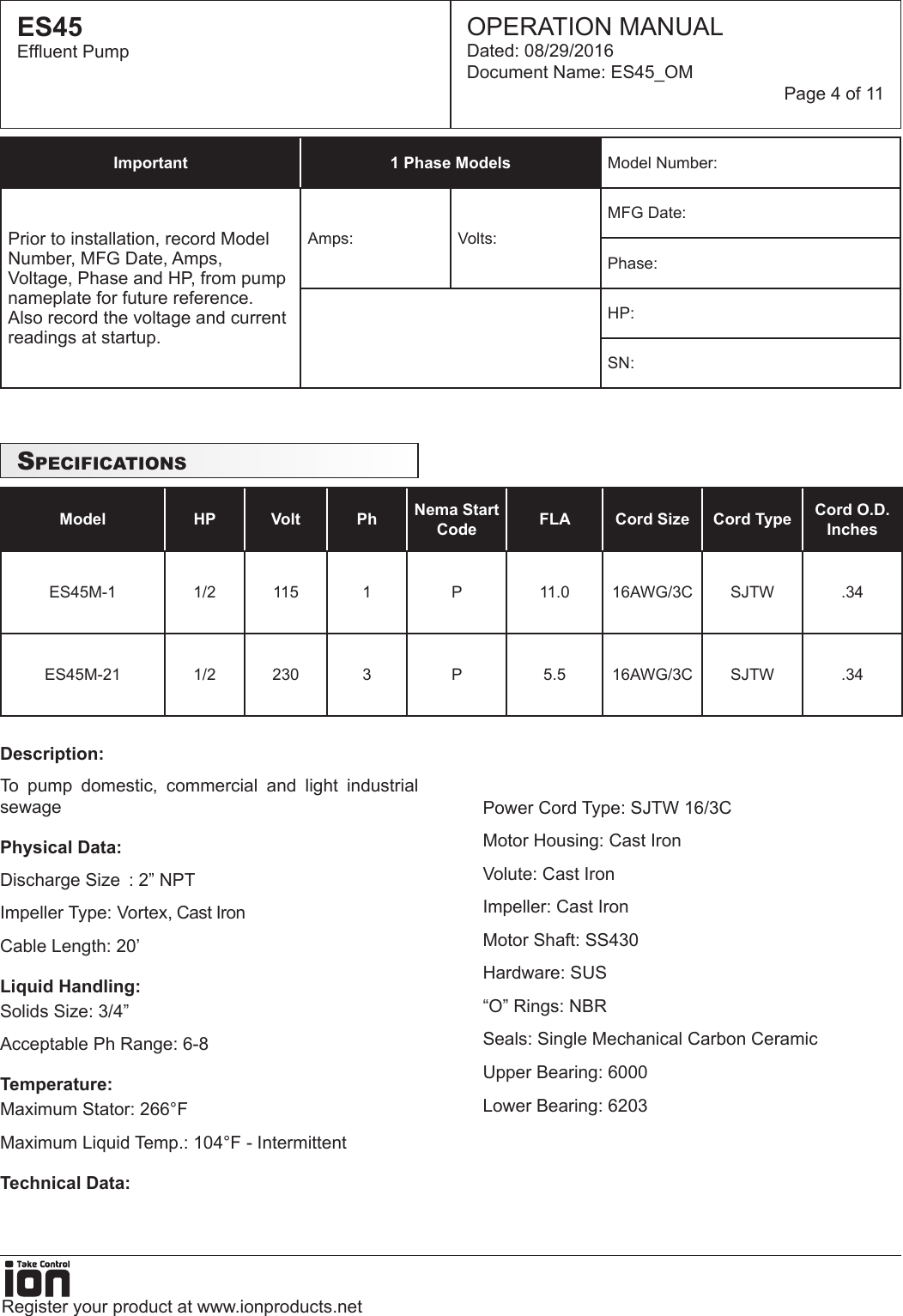 Page 4 of 11 - 549509 2 Ion ES45 Effluent Pump Operations Manual