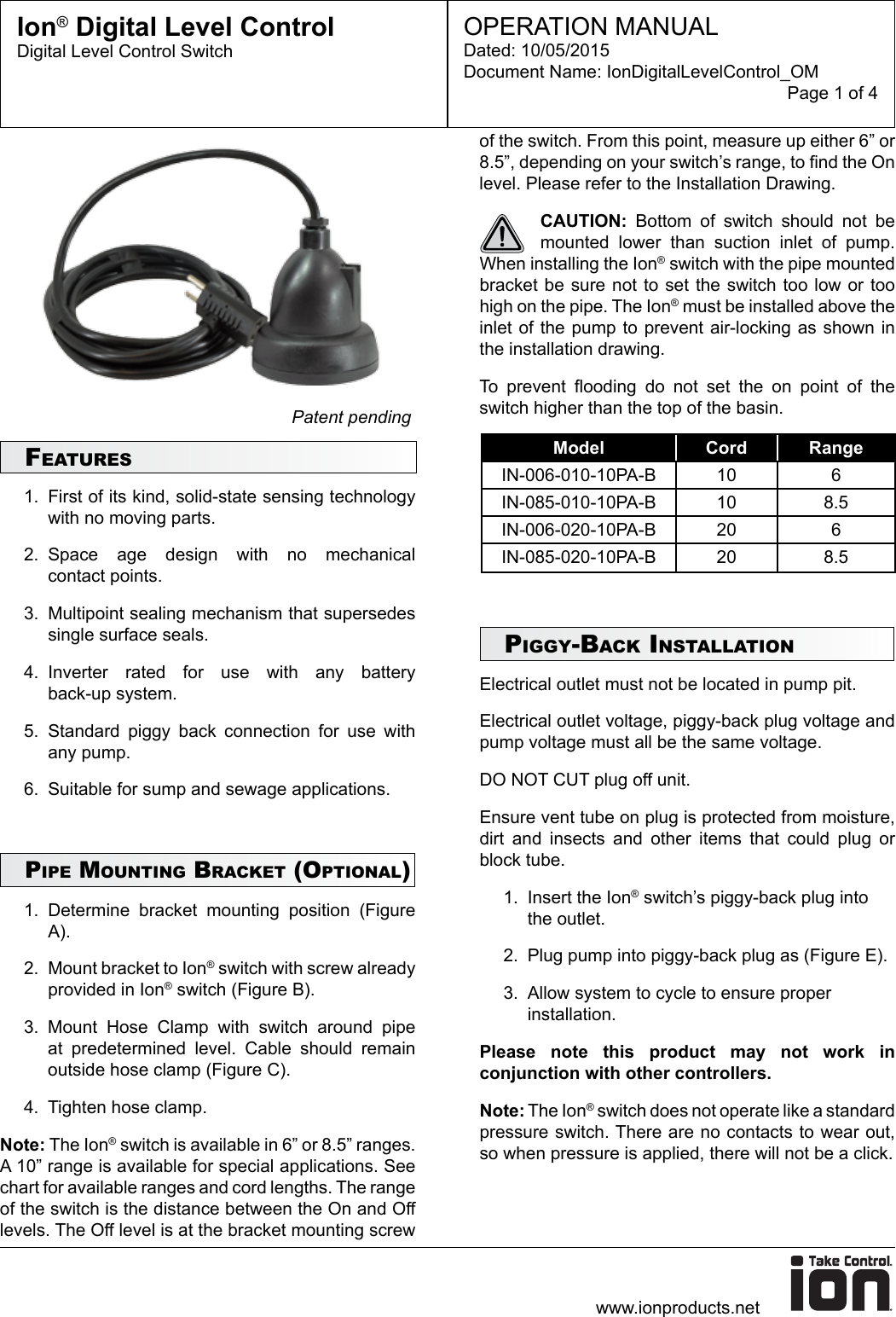 Page 1 of 4 - 549597 3 Ion Digital Level Control Operations Manual