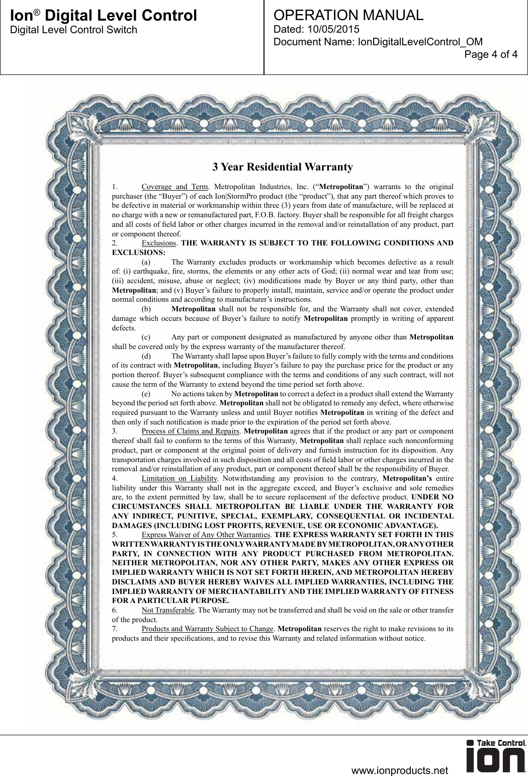 Page 4 of 4 - 549597 3 Ion Digital Level Control Operations Manual