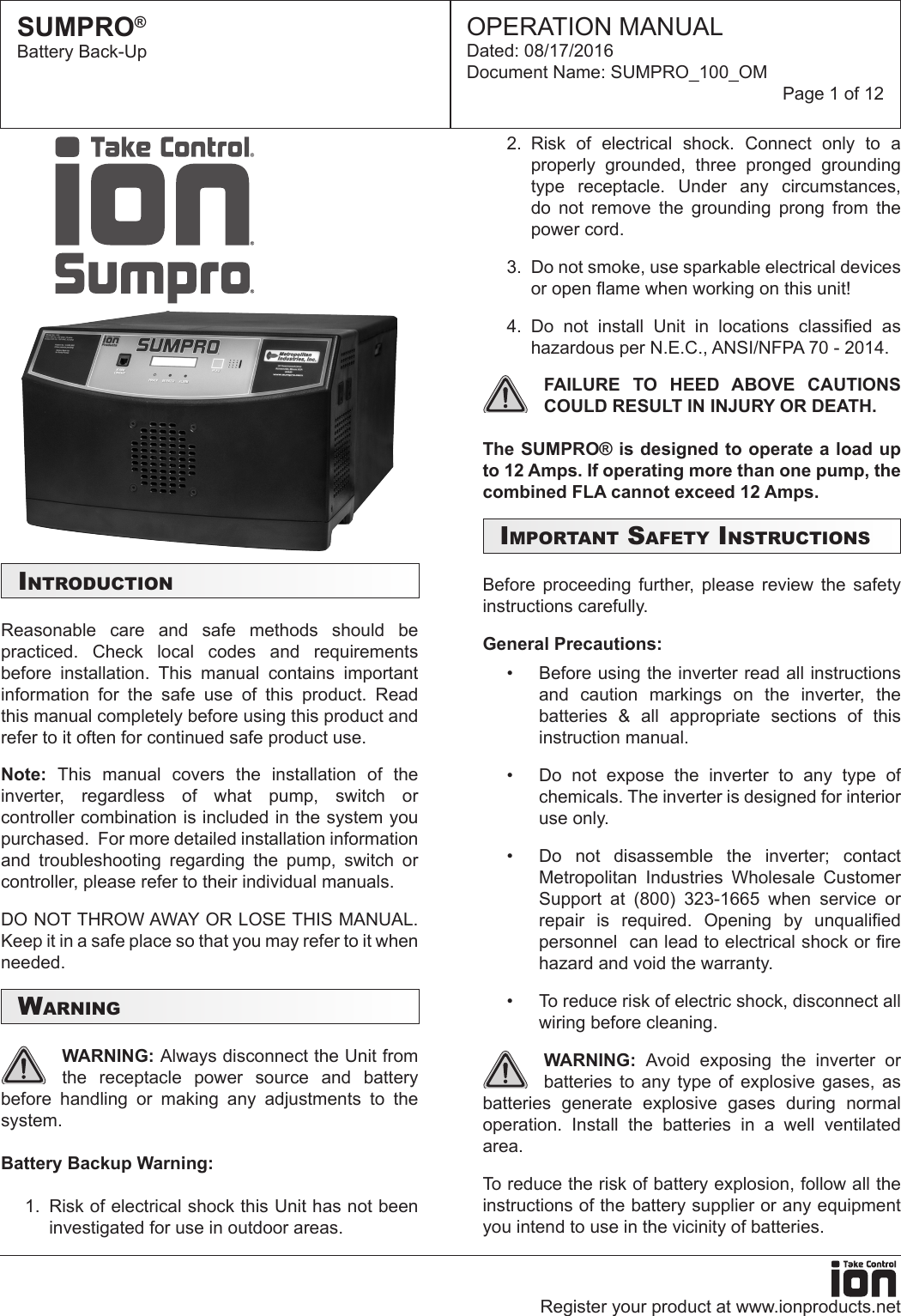 Page 1 of 12 - 549629 2 Ion Sumpro  100 Battery Backup System Operation Manual