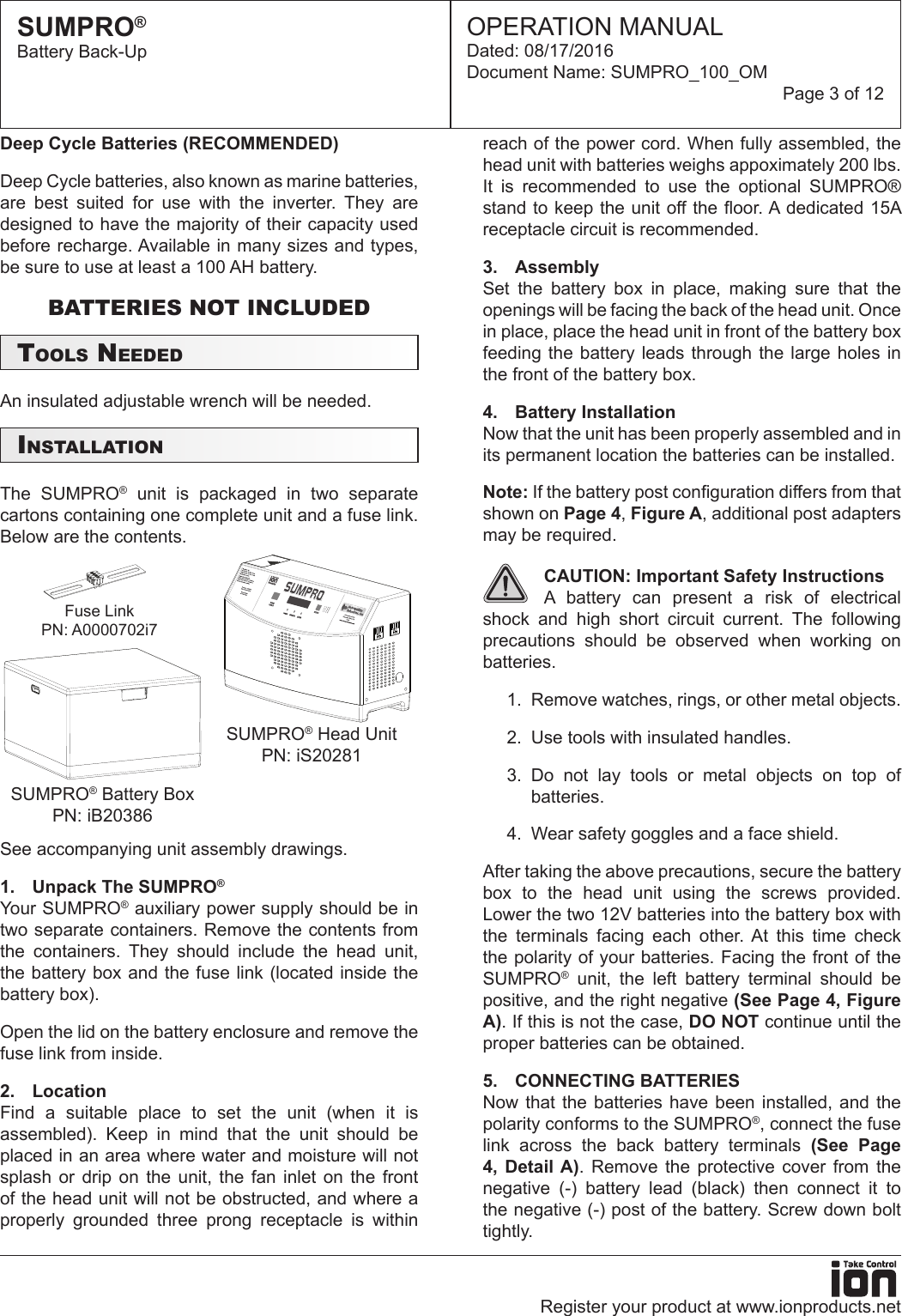 Page 3 of 12 - 549629 2 Ion Sumpro  100 Battery Backup System Operation Manual