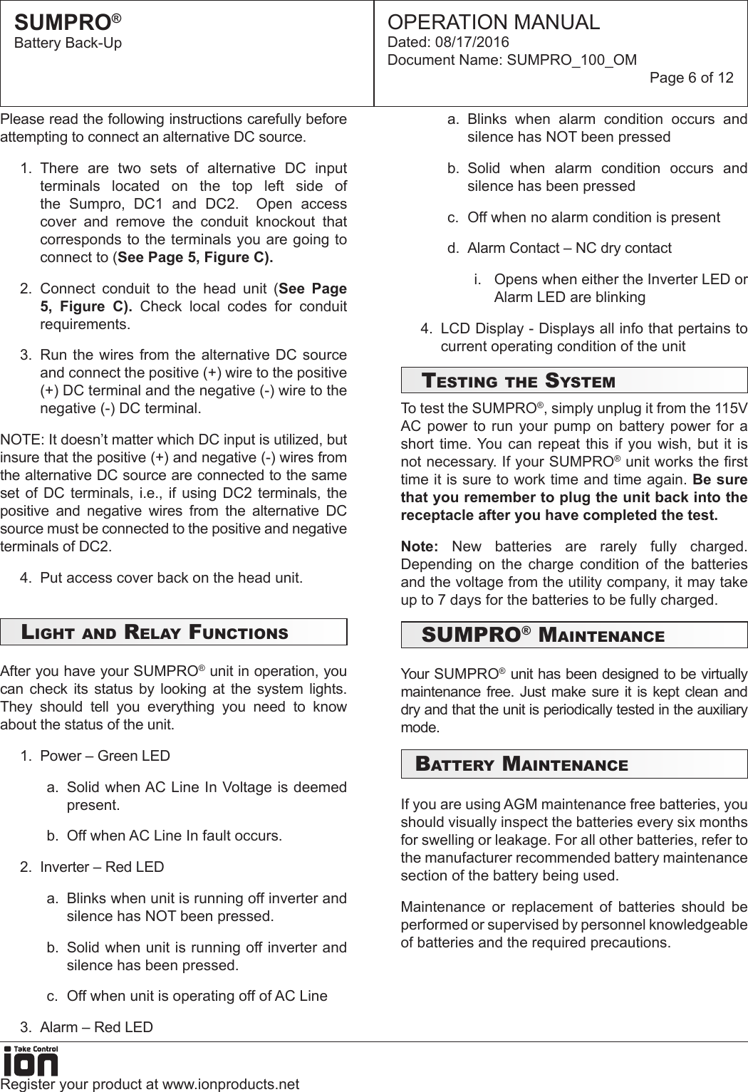 Page 6 of 12 - 549629 2 Ion Sumpro  100 Battery Backup System Operation Manual