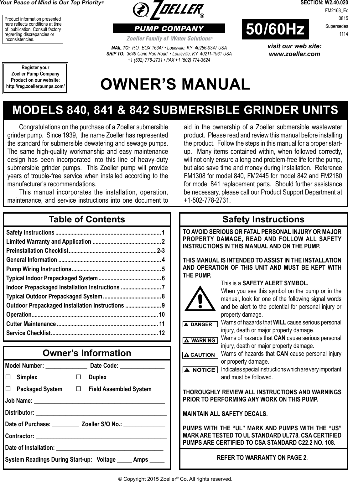 Page 1 of 12 - 550289 3 Zoeller 840 Series Owners Manual