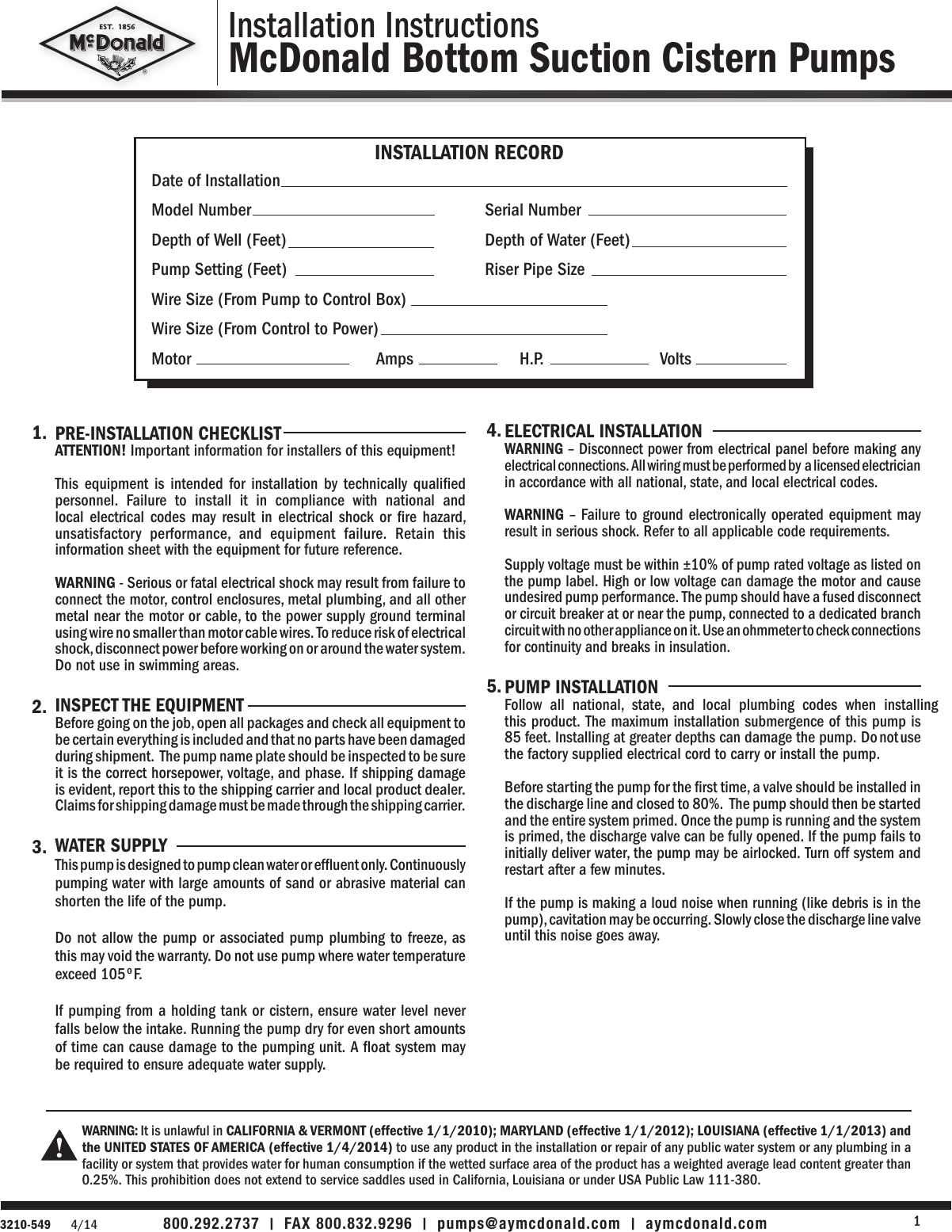 550308 3 A.Y. Mc Donald Bottom Suction Cistern Pumps Installation ...