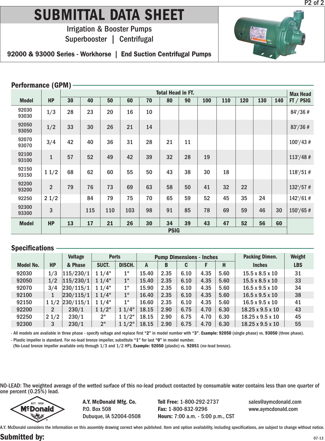 Page 2 of 2 - 550912 1 A.Y. Mc Donald 90000 Workhorse Centrifugal Pump Brochure