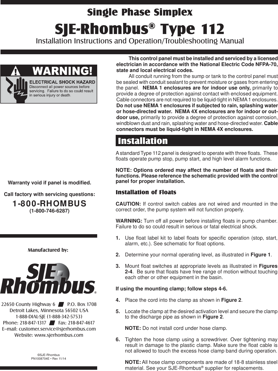 Page 1 of 4 - 1008704E-1128.5x11 551093 2 SJE Rhombus 112 Control Panel Installation Manual