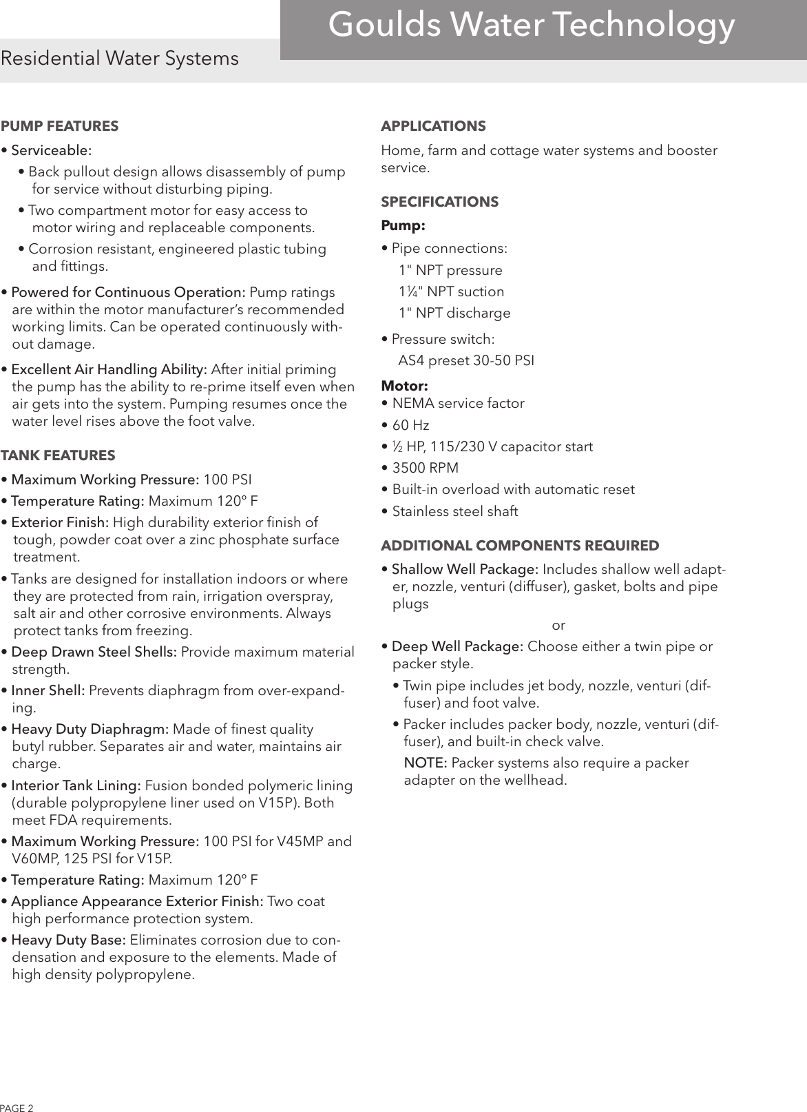 Page 2 of 4 - 551094 1 Goulds J05K Convertible Pump-Tank Package Technical Brochure