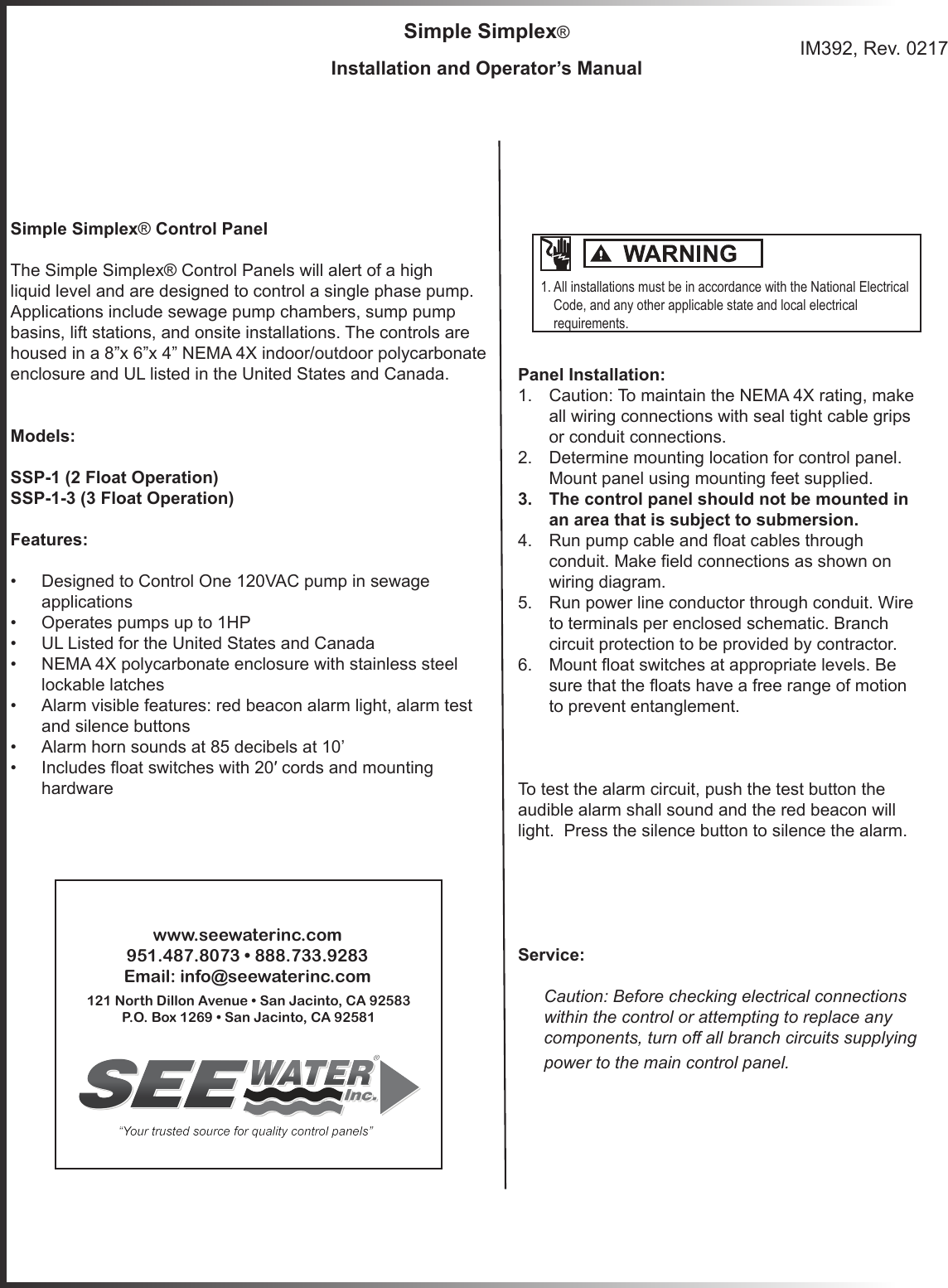 Page 1 of 2 - 551221 2 See Water Inc. Simple Simplex 1 Control Panel Installation Instructions