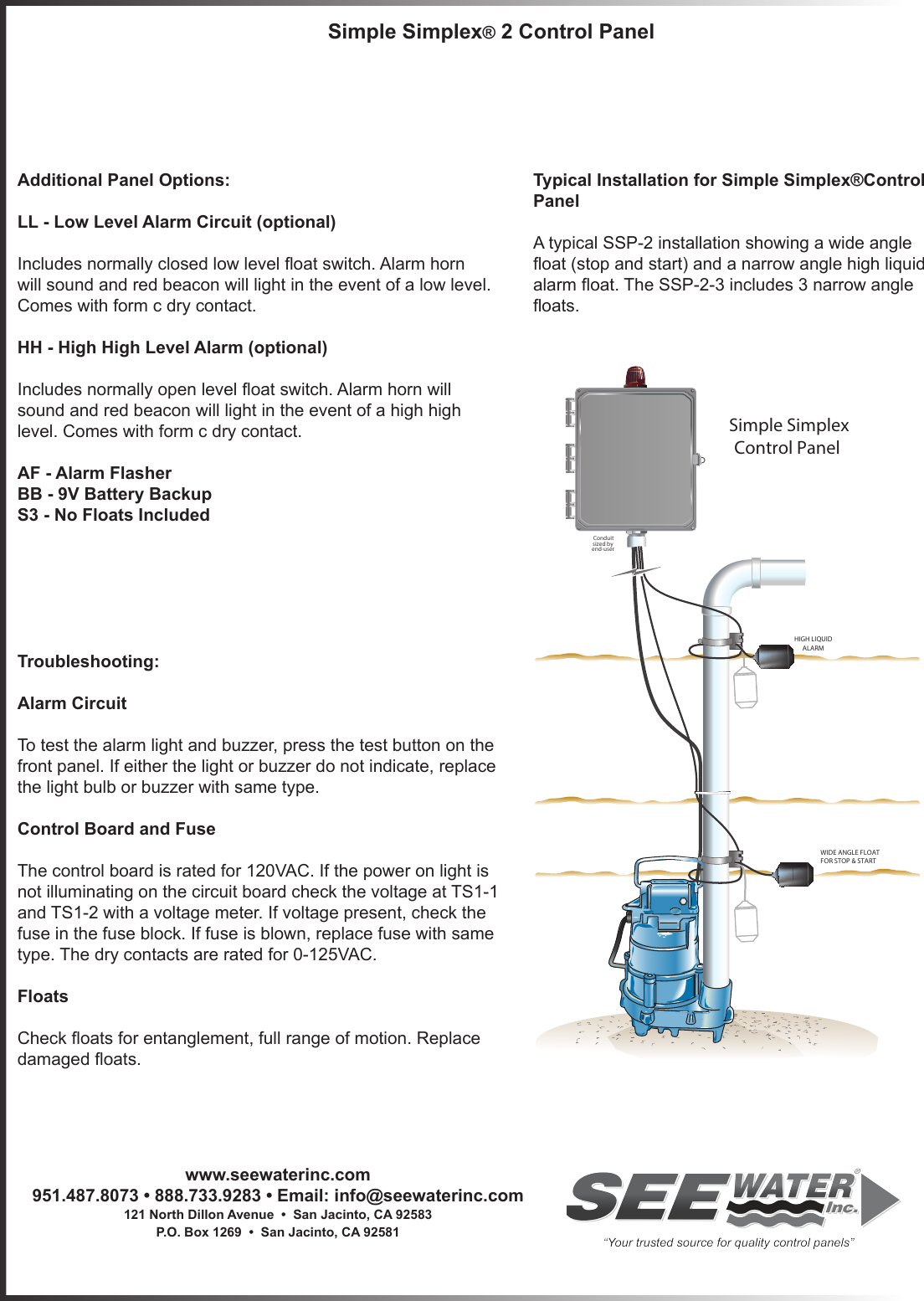 Page 2 of 2 - 551222 2 See Water Inc. Simple Simplex Control Panel Installation Instructions