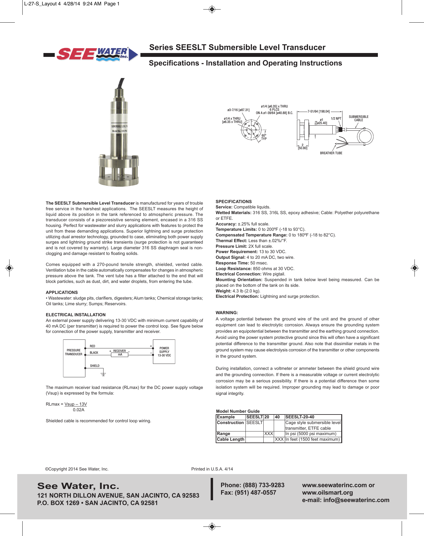 551415 2 See Water Inc. Seeslt Pressure Transducer Installation Instructions Layout 4 User Manual