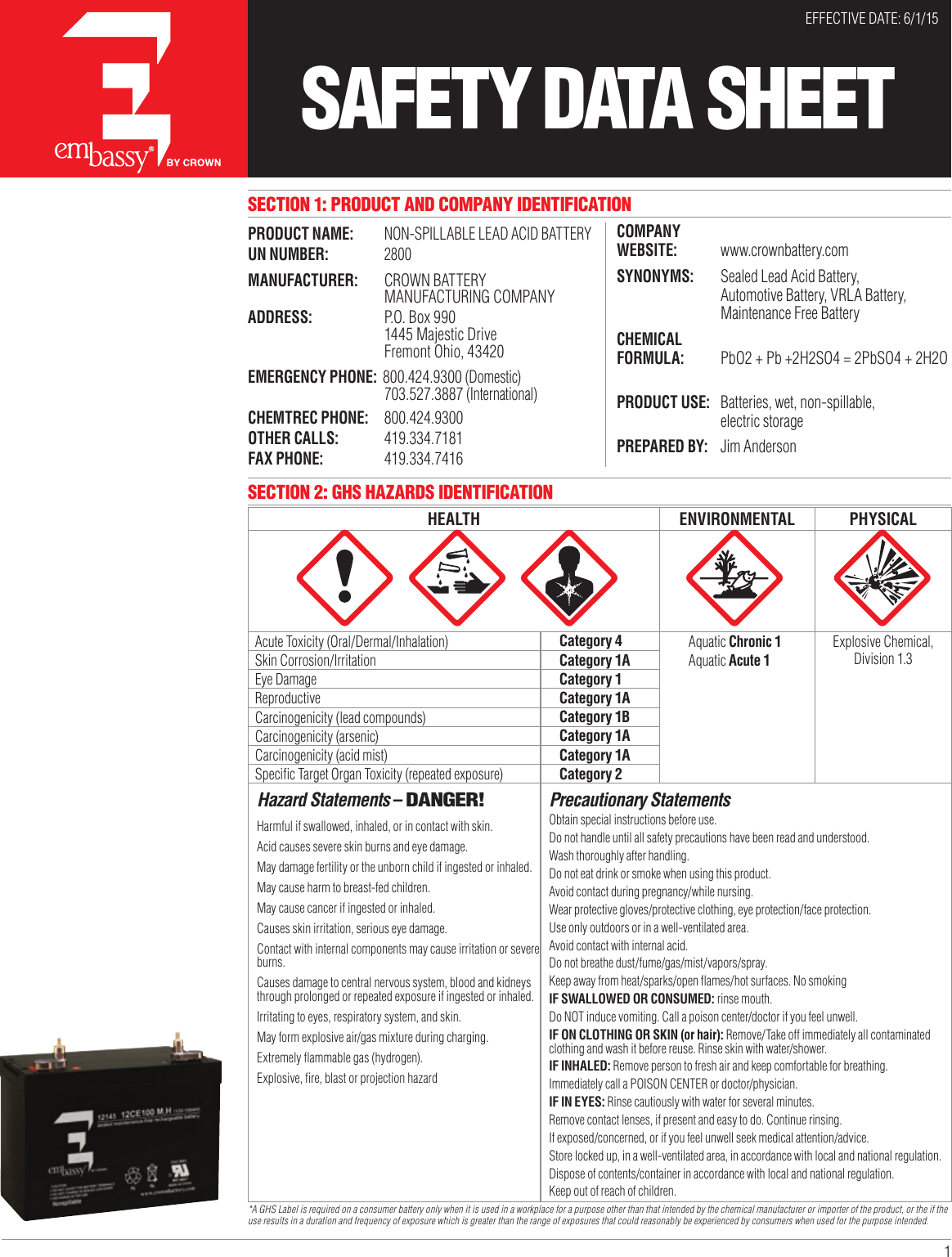 Page 1 of 8 - 551452 2 Liberty Battery Safety Data Sheet