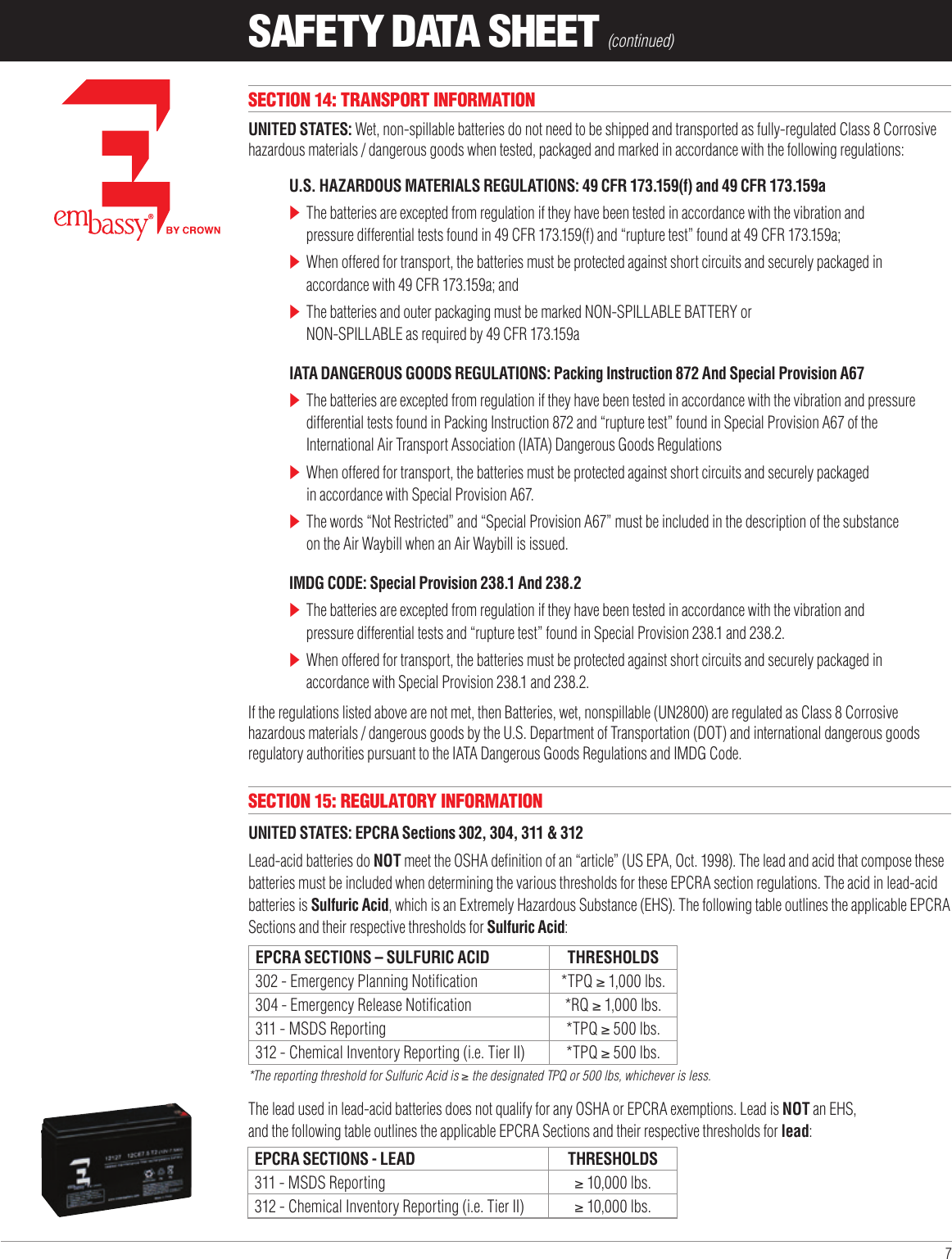 Page 7 of 8 - 551452 2 Liberty Battery Safety Data Sheet