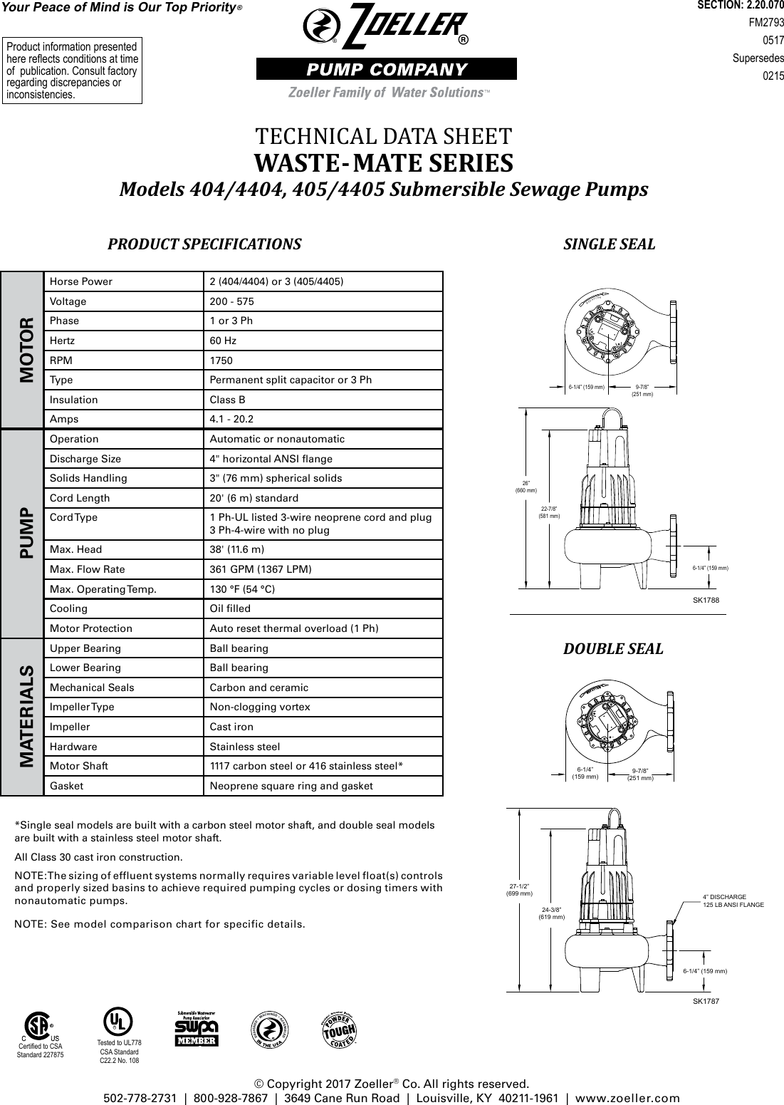 Page 1 of 2 - 551489 3 Zoeller 400 Series Waste Mate Sewage & Dewatering Technical Data