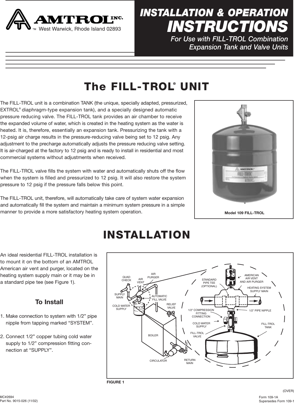 Page 1 of 2 - AMT 691_FILL-TROL/IOman/LO2  551521 2 Amtrol FT-109-100 Fill Trol With 1 Inch Purger & Air Vent Installation Instructions