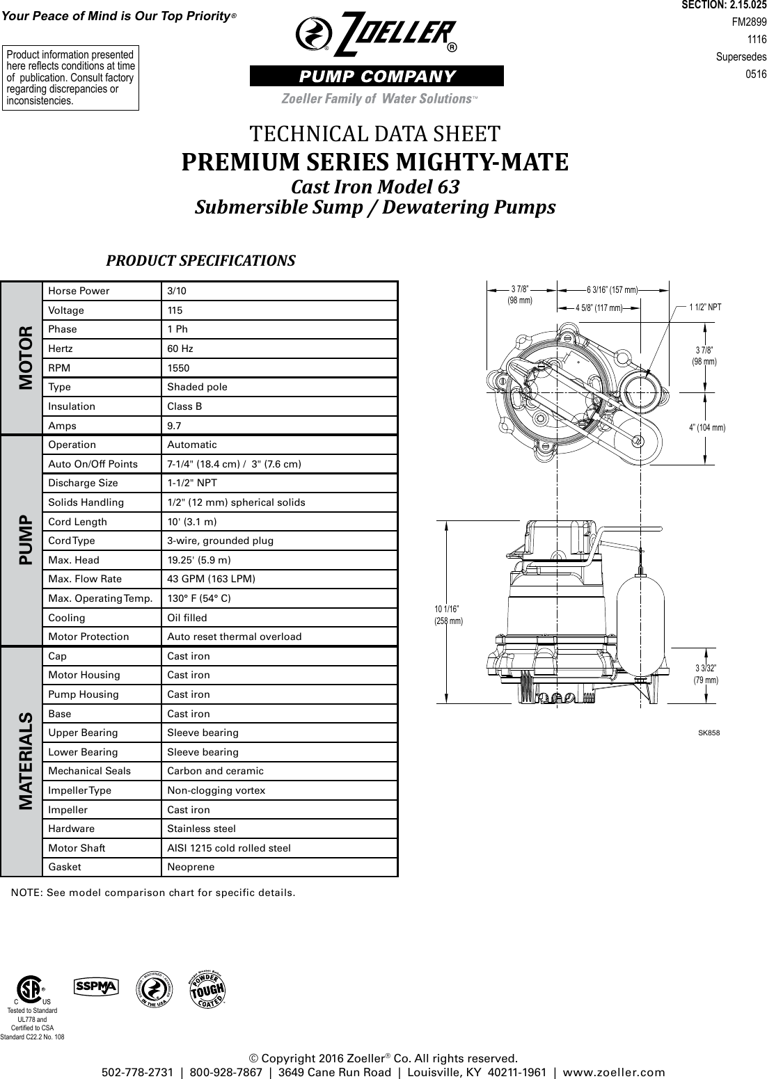 Page 1 of 2 - 551719 3 Zoeller M63 Technical Data Sheet