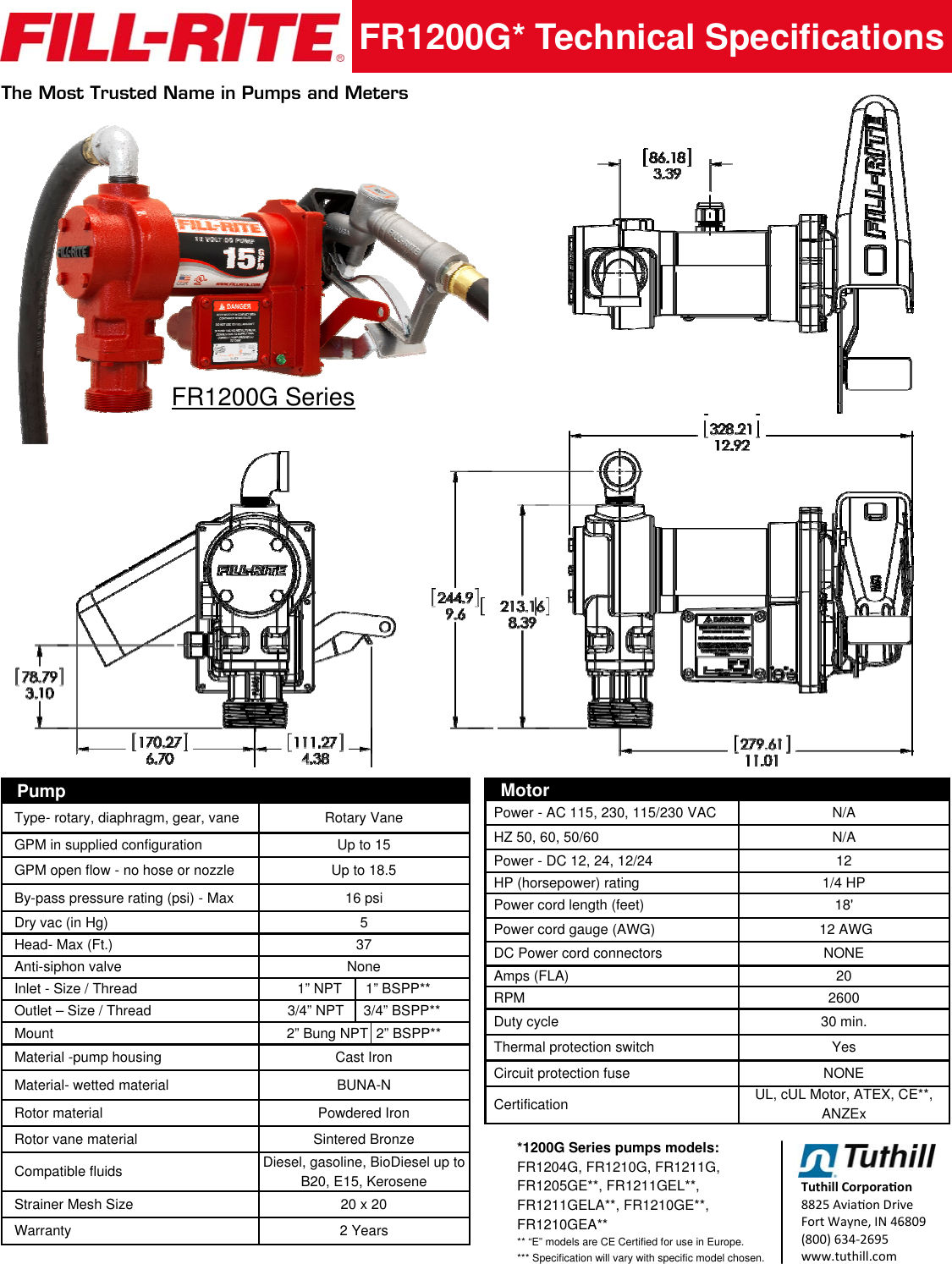 Page 1 of 2 - FR1200G S & E Data Sheet 2  552052 3 Fill-Rite FR1204G DC Fuel Transfer Pump-12VDC Specifications