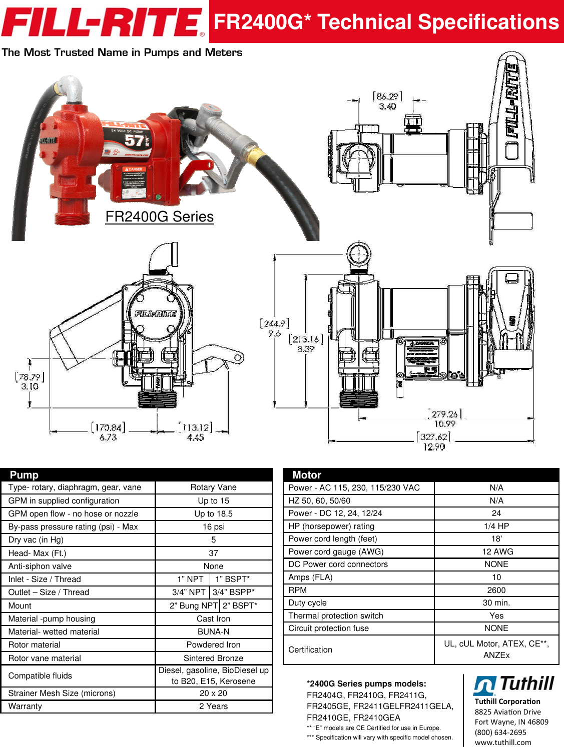 Page 1 of 2 - FR2400G S & E Data Sheet 2  552090 Fill-Rite FR2411G DC Fuel Transfer Pump-24VDC Specifications