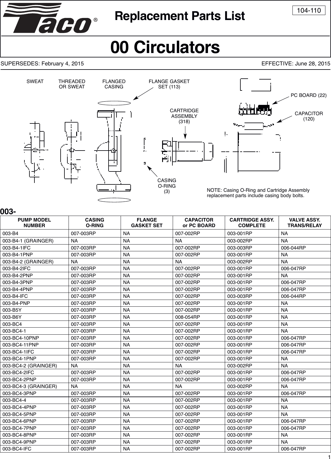 104 110 552119 5 Taco 008 CT Replacement Part List