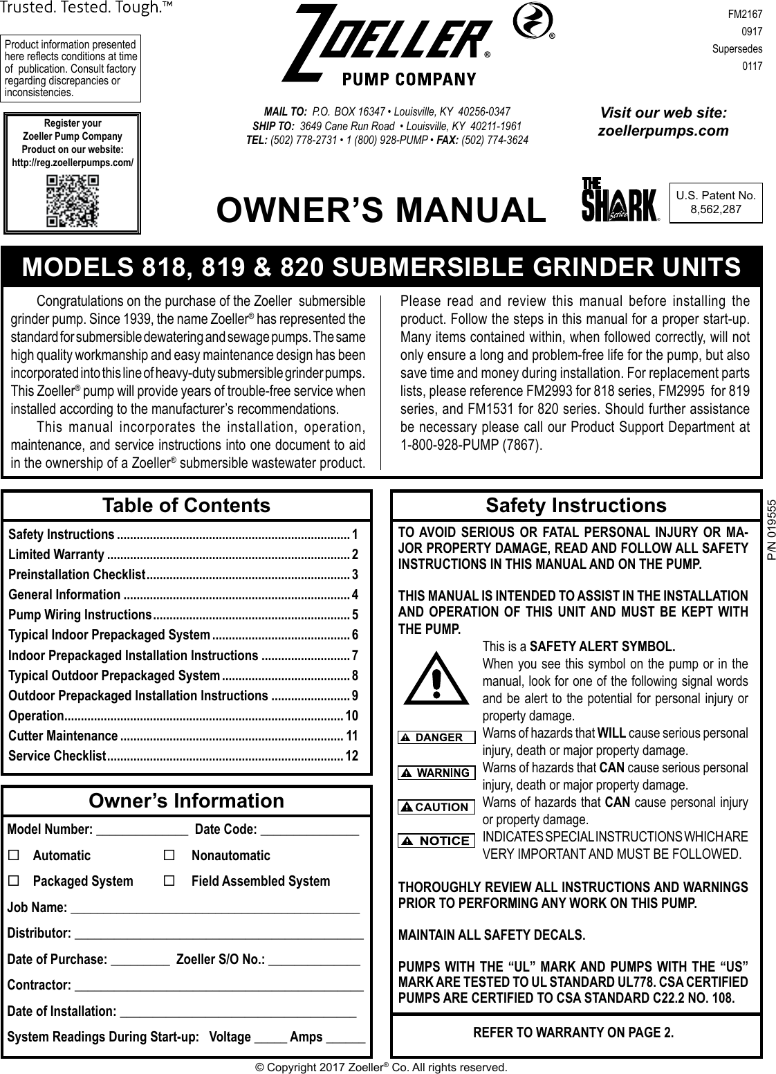 Page 1 of 12 - 552277 2 Zoeller HP Shark Grinder Pump Owners Manual