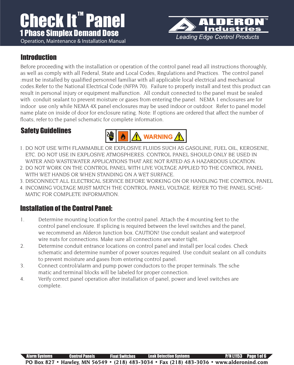 Page 1 of 6 - Check It - 1 Phase Simplex Installation Instructions  552750 2 Alderon Single Control Panel Manual