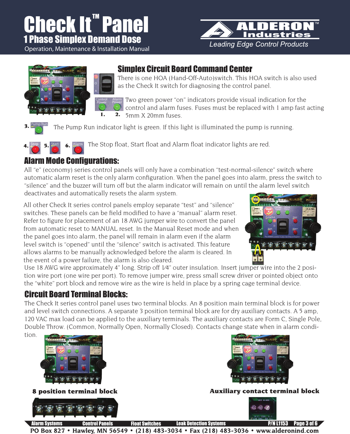 Page 3 of 6 - Check It - 1 Phase Simplex Installation Instructions  552750 2 Alderon Single Control Panel Manual