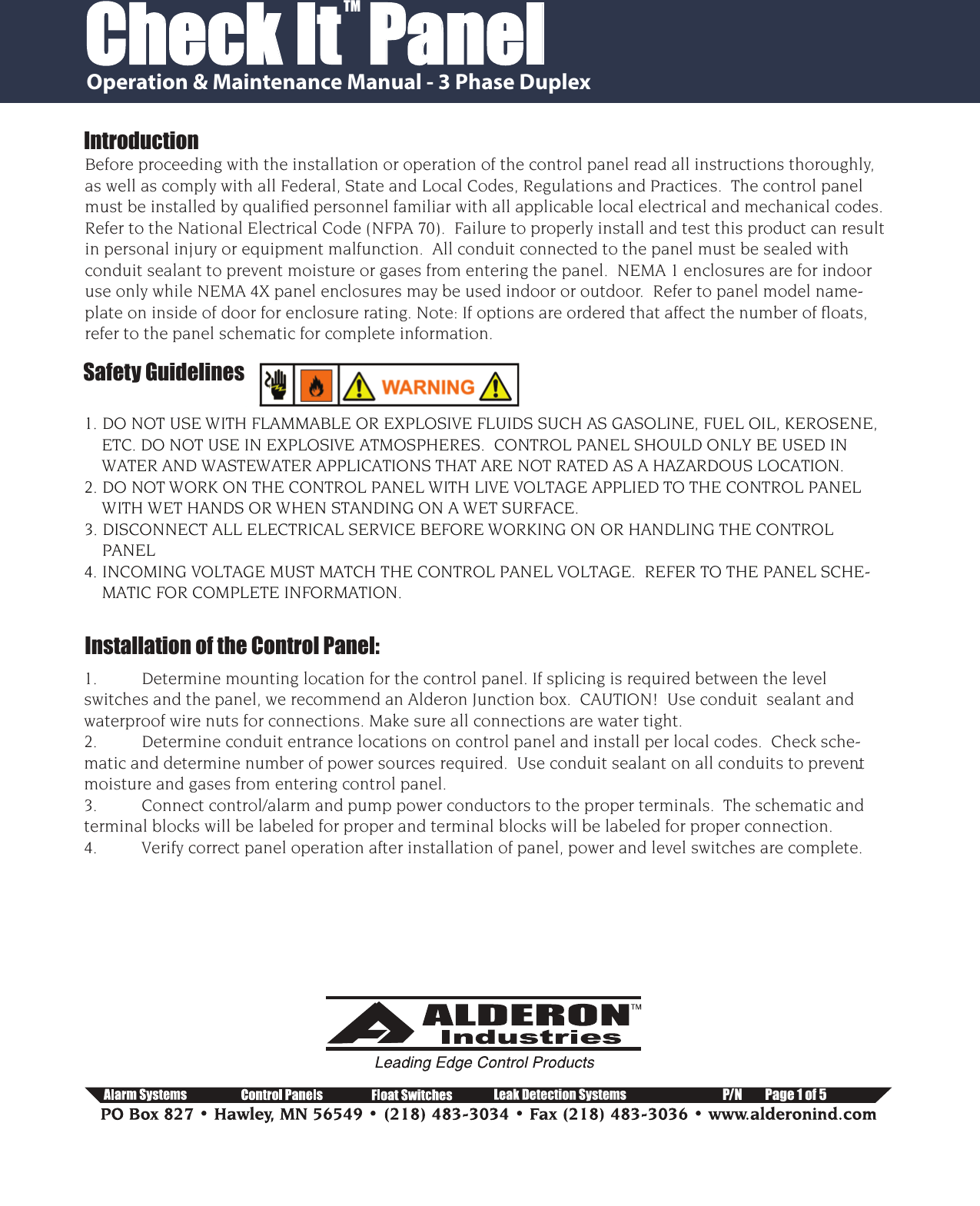 Page 1 of 5 - CheckIt_3Phase Duplex_IOM__Comp 552754 2 Alderon Three Phase Duplex Control Panel Installation Manual