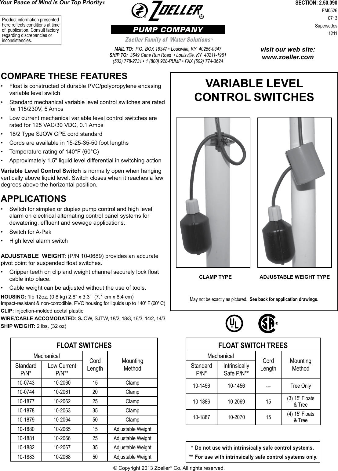 Page 1 of 2 - 552859 1 Zoeller Variable Control Switch Brochure User Manual