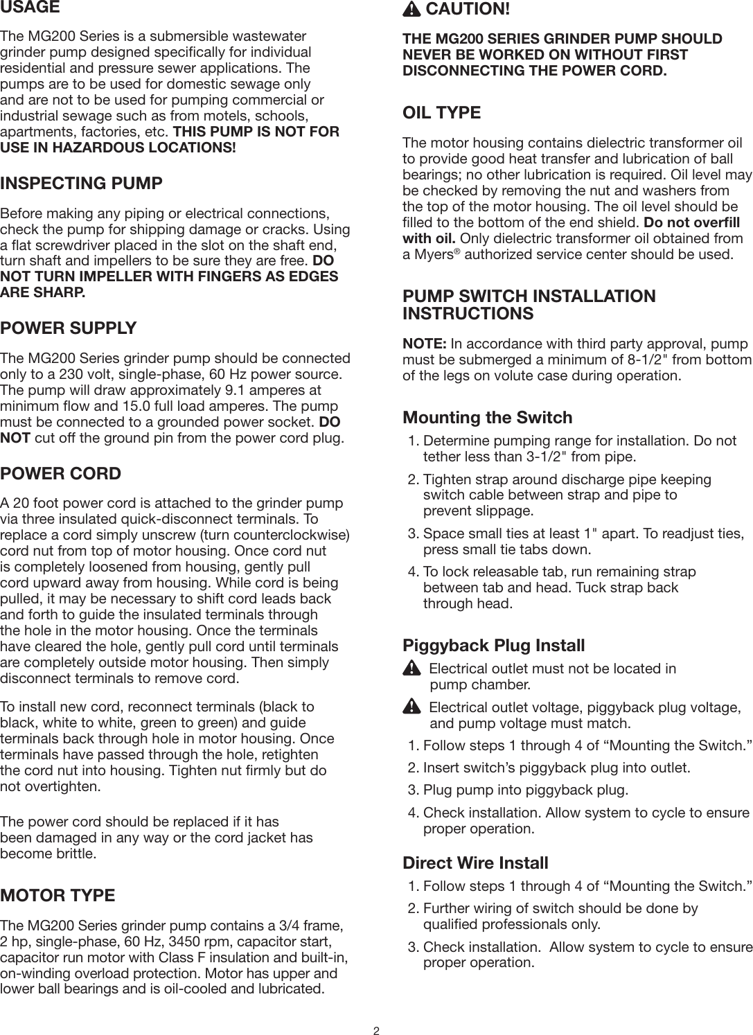Page 2 of 8 - 556676 1 Myers MG200 Grinder Pump Installation Manual