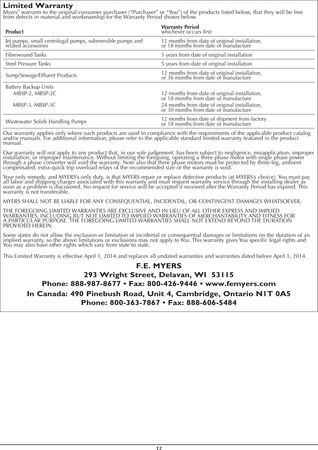 Page 12 of 12 - 556677 1 Myers ME3 Series Installation Manual