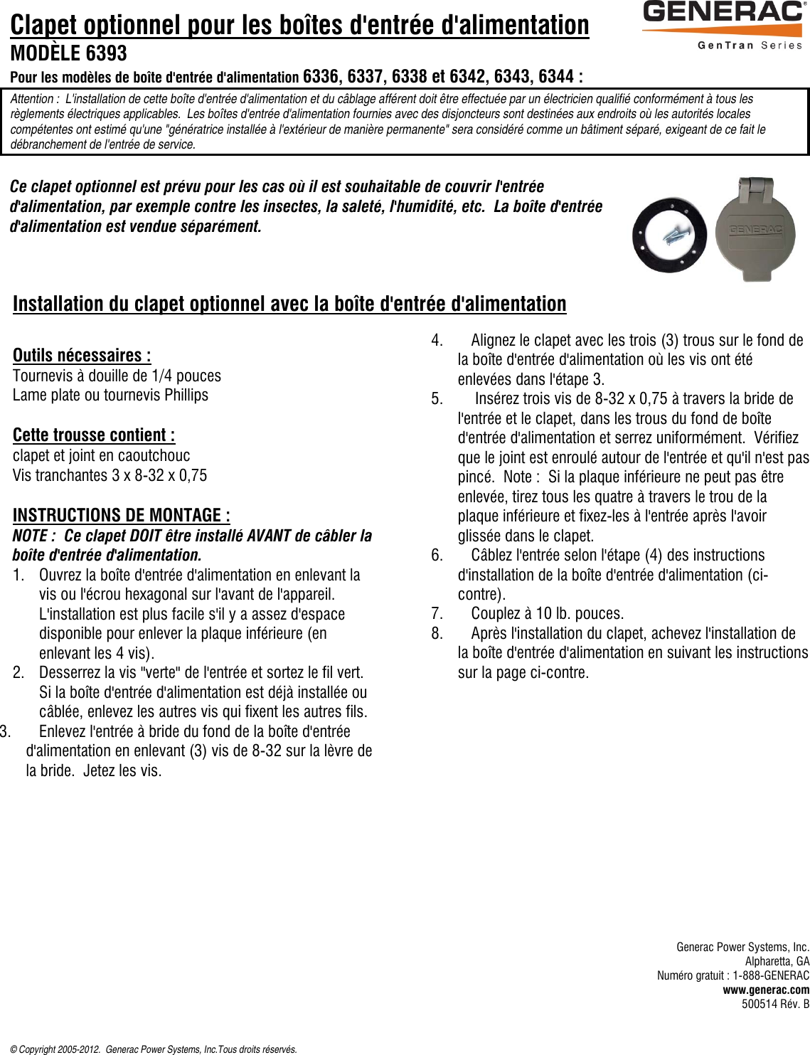 Page 4 of 6 - GeneracPIBinstallRevB_Eng 66542 2 Generac 6338 Install Manual