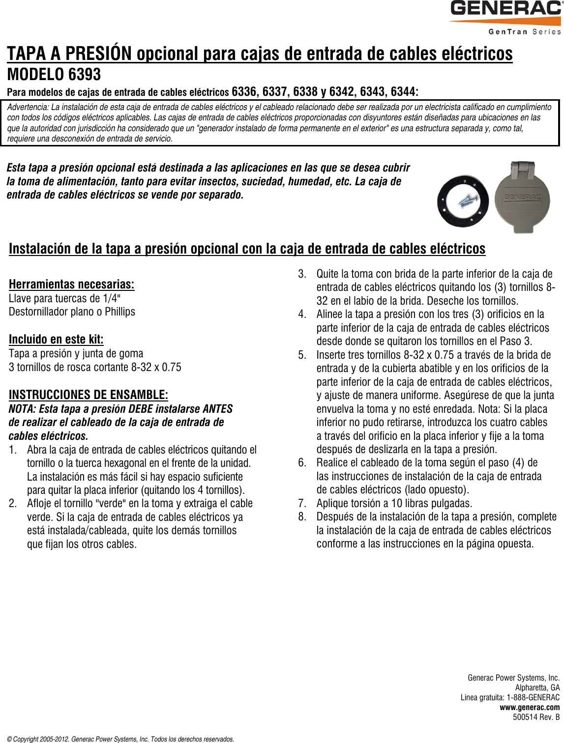 Page 6 of 6 - GeneracPIBinstallRevB_Eng 66542 2 Generac 6338 Install Manual