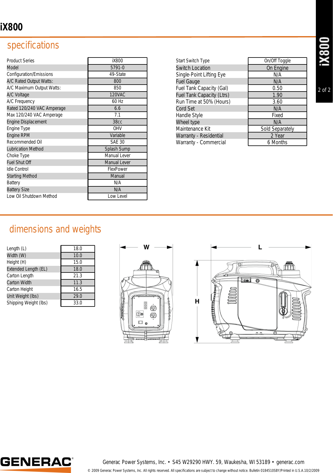 Page 2 of 2 - Specification  6838 1 Generac 5791 Brochure