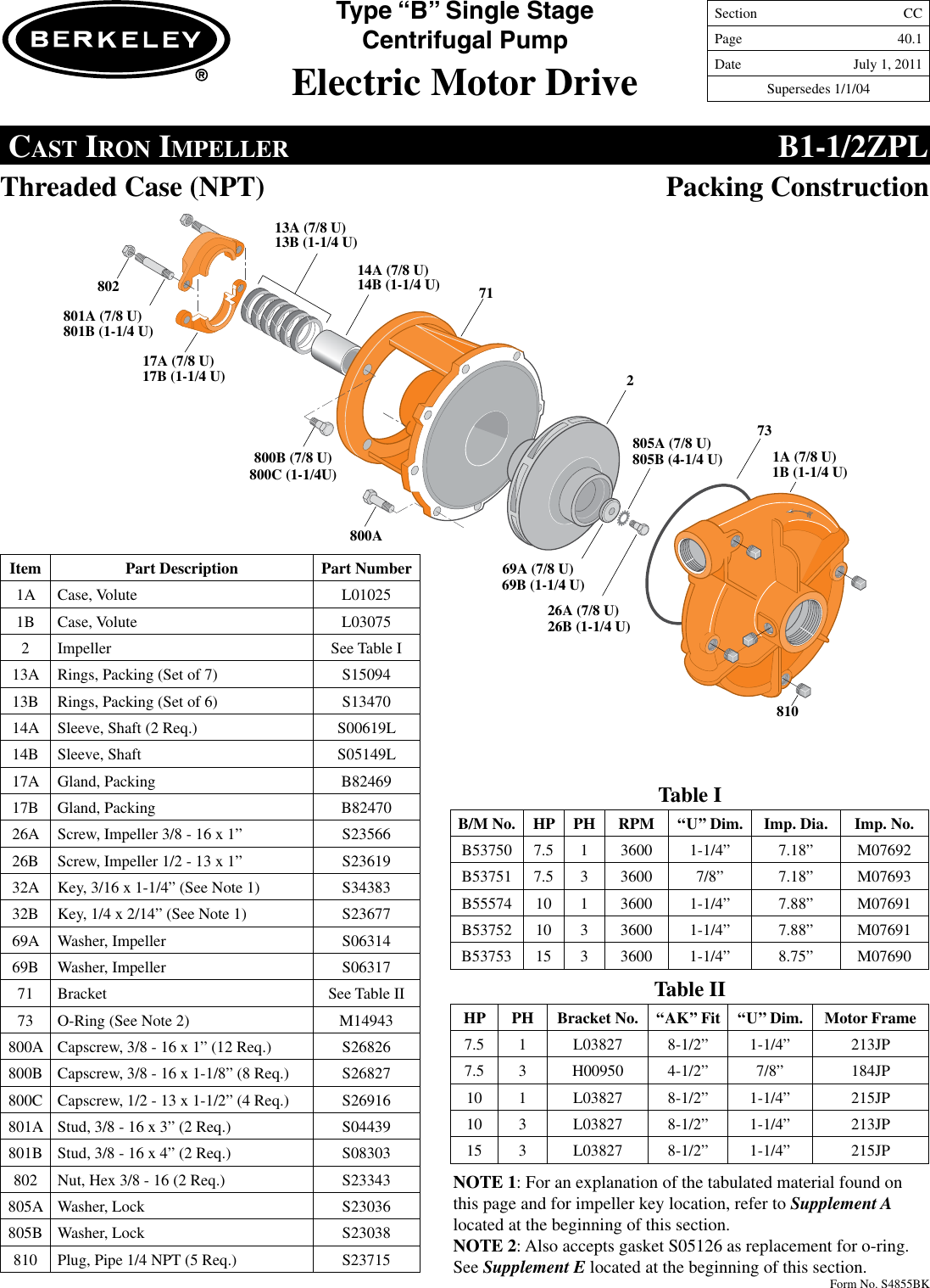 Page 1 of 8 - 86914 5 Berkeley B78660 Repair Parts I