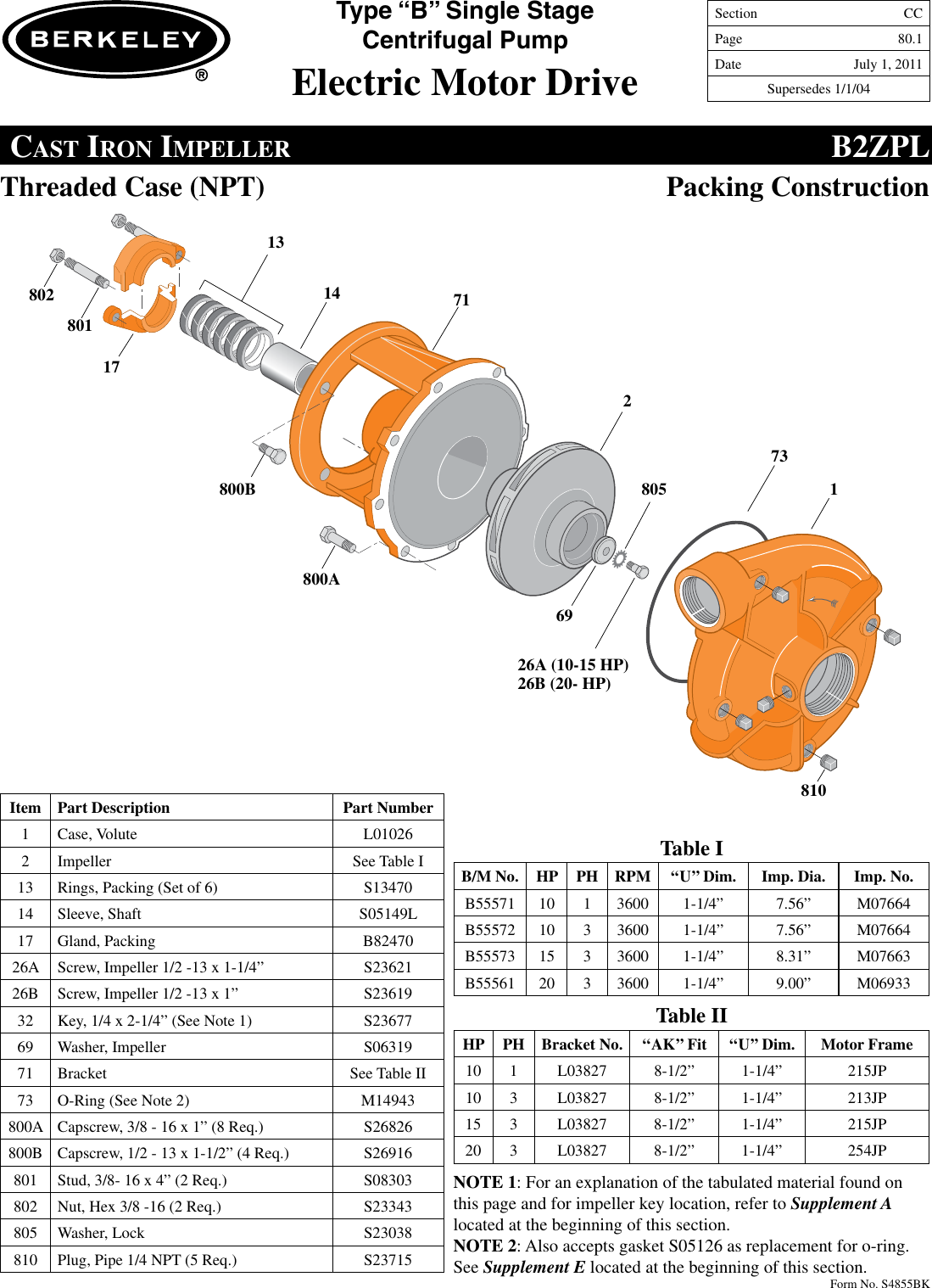 Page 1 of 12 - 86970 5 Berkeley B73895 Repair Parts I