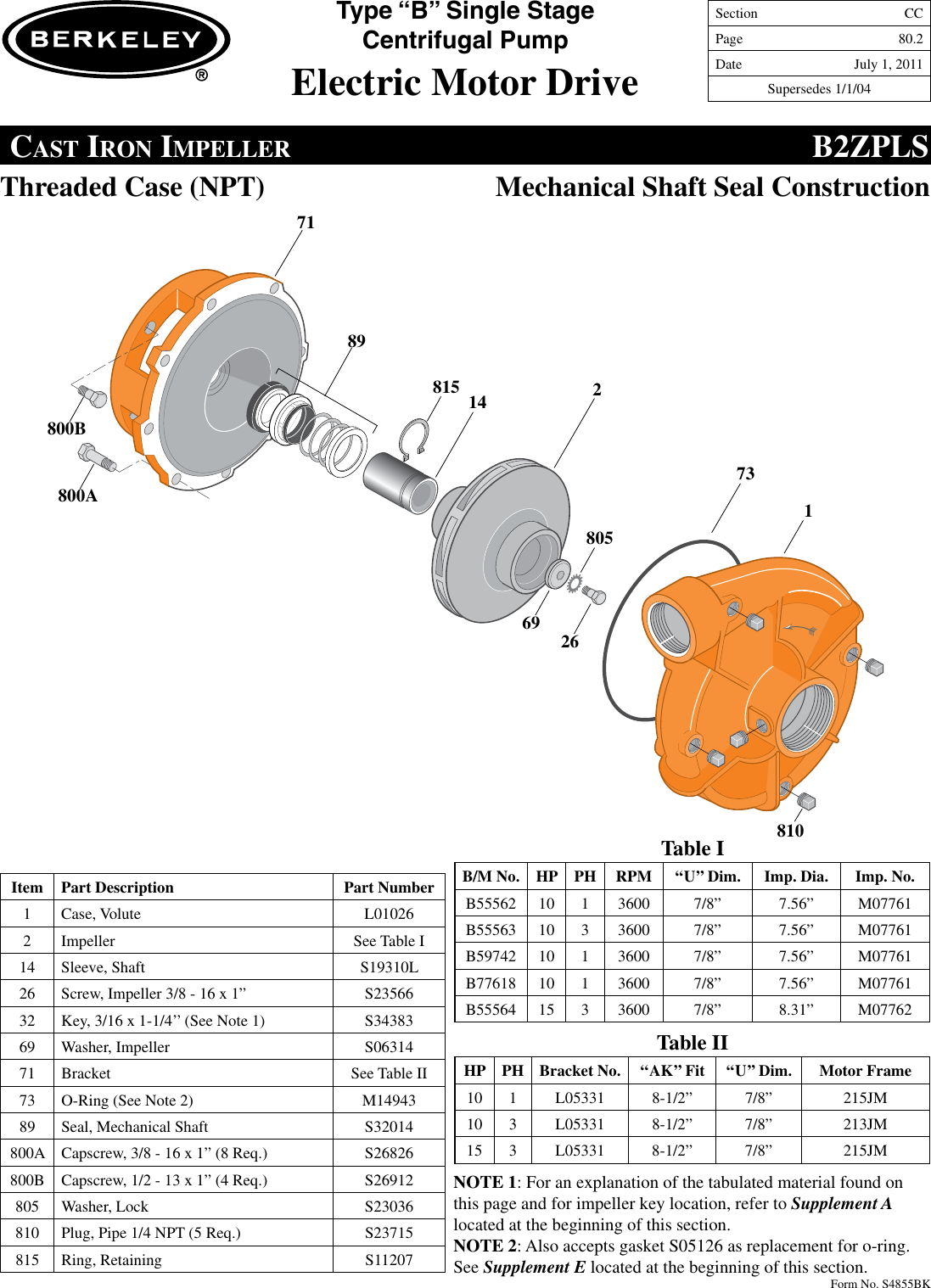 Page 2 of 12 - 86970 5 Berkeley B73895 Repair Parts I