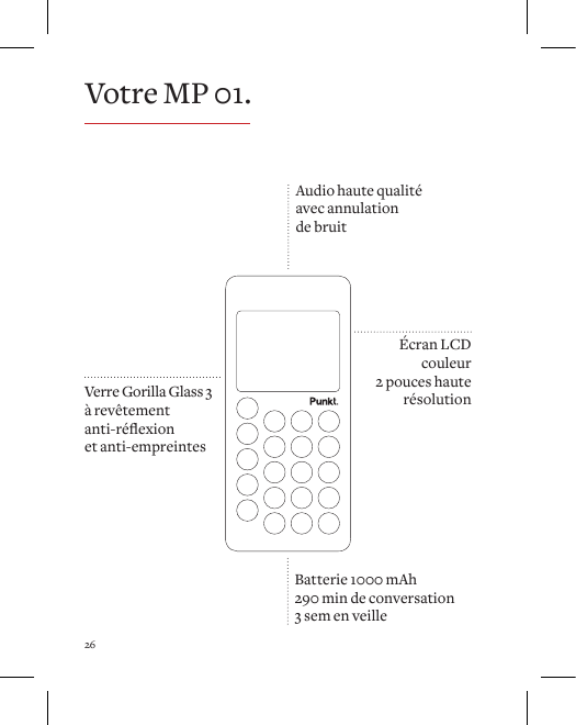 26Audio haute qualit&eacute; avec annulation  de bruitVerre Gorilla Glass 3&agrave; rev&ecirc;tement  anti-r&eacute;exionet anti-empreintesBatterie 1000 mAh290 min de conversation3 sem en veille&Eacute;cran LCD couleur  2 pouces haute r&eacute;solutionVotre MP 01.