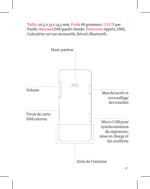27Haut-parleurMicro USB pour synchronisation du r&eacute;pertoire, mise en charge et kit oreilletteMarche/arr&ecirc;t etverrouillage  des touchesVolumeTiroir de carte SIM externeTaille 116,5 x 53 x 14,5 mm. Poids 88 grammes. UI/UX par Punkt. R&eacute;seau GSM quadri-bande. Fonctions Appels, SMS,  Calendrier en vue mensuelle, R&eacute;veil, Bluetooth.Zone de l'antenne